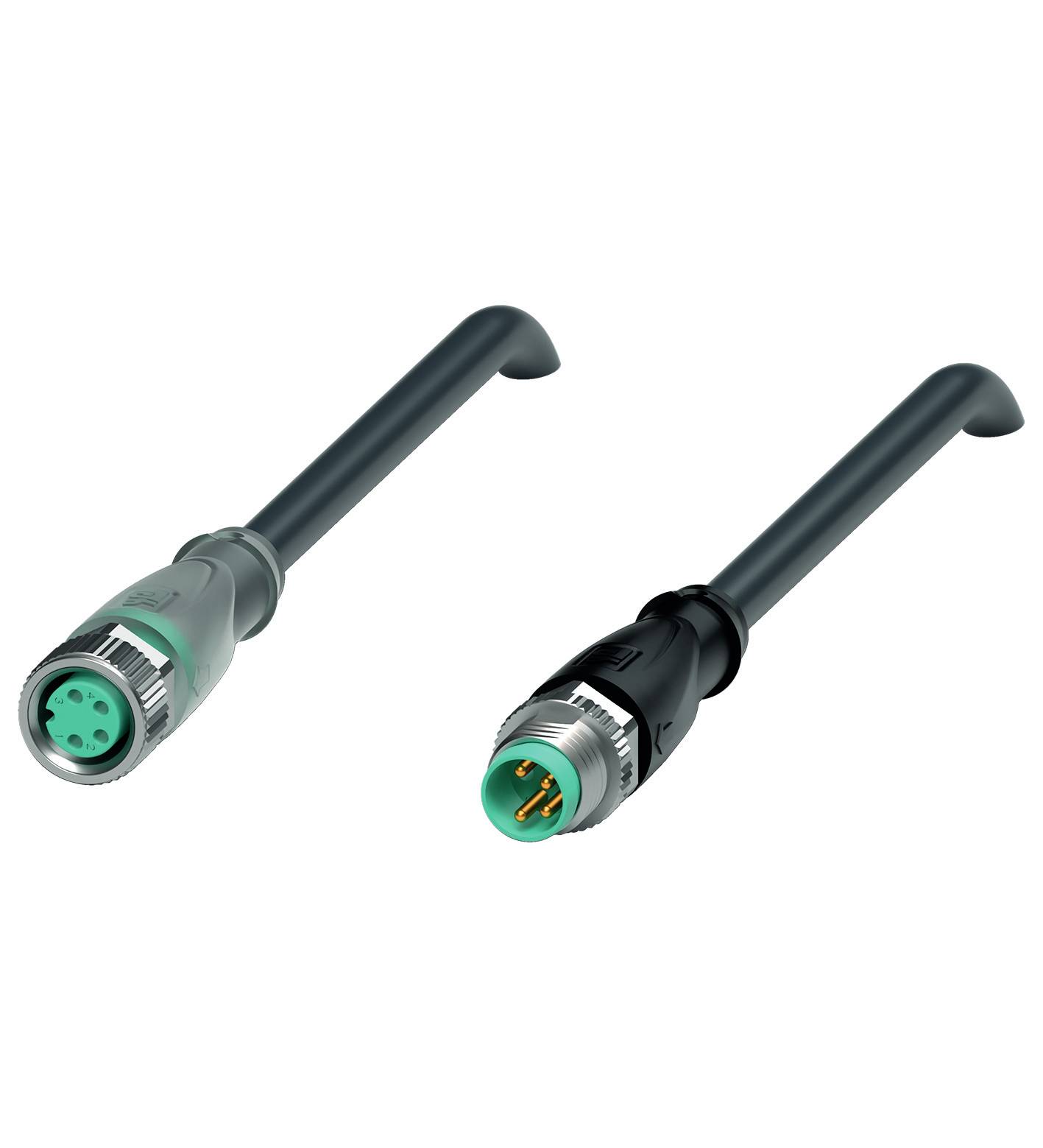 Zwei M12-Stecker, links grün mit Buchse, rechts grün mit Steckern, vor weißem Hintergrund. Geeignet für industrielle Verbindungslösungen.