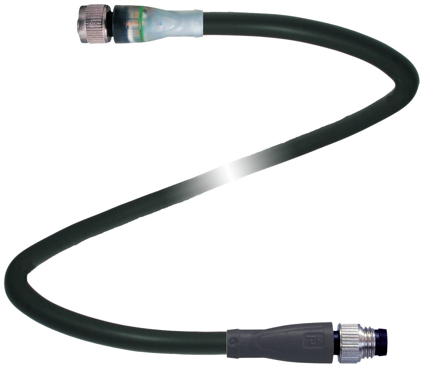 Schwarzer Schlauch mit Metallverbindungen an beiden Enden, in S-Form gebogen, auf weißem Hintergrund.