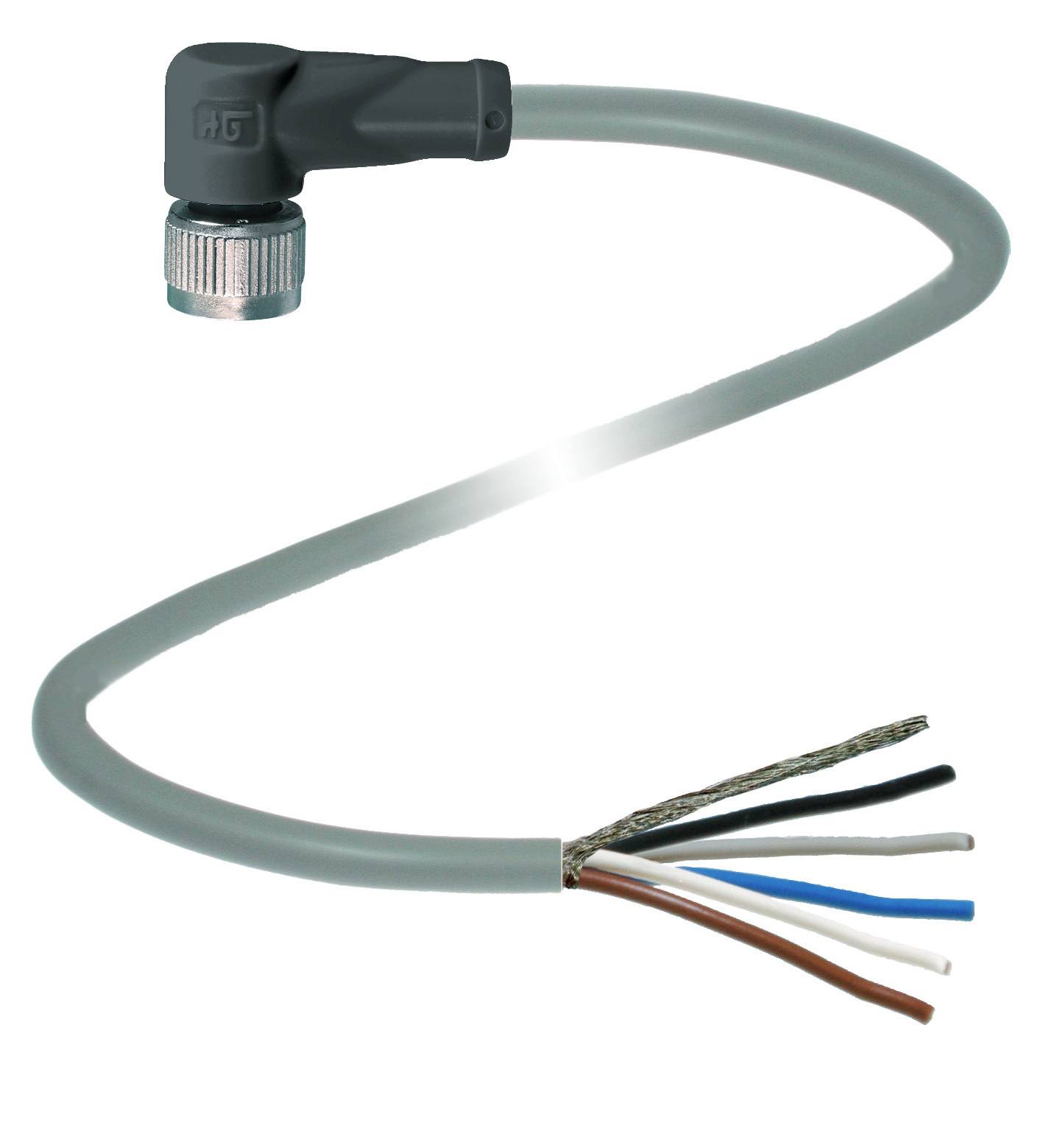 Graues, gewundenes Kabel mit schwarzem Winkelstecker und silberner Verschraubung; sechs freiliegende Adern: braun, weiß, blau, schwarz, grau, kupfer.
