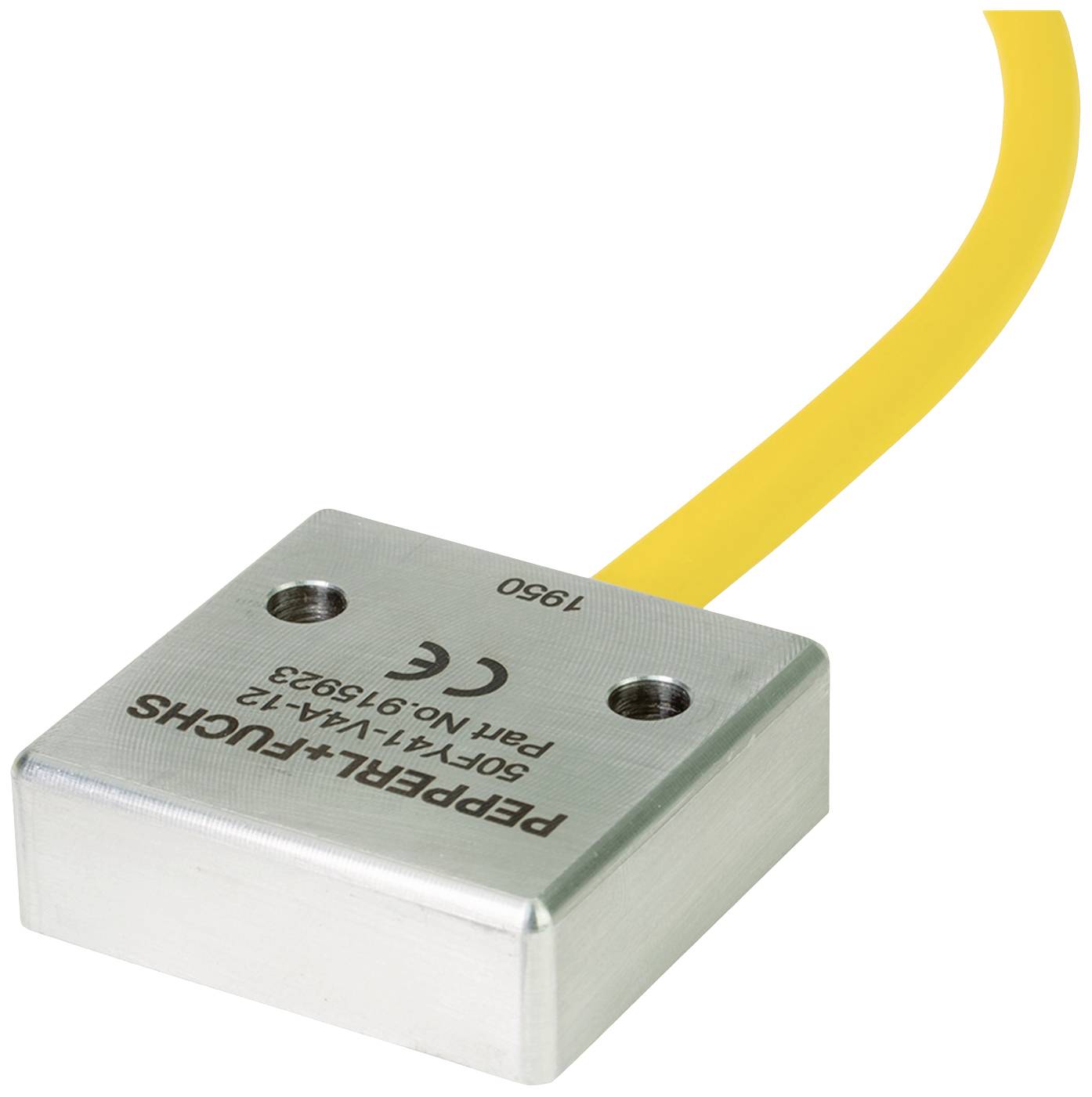 Ein rechteckiger, metallischer Sensor mit gelbem Kabel, gekennzeichnet mit Nummern und dem Markennamen 'Pepperl+Fuchs'.