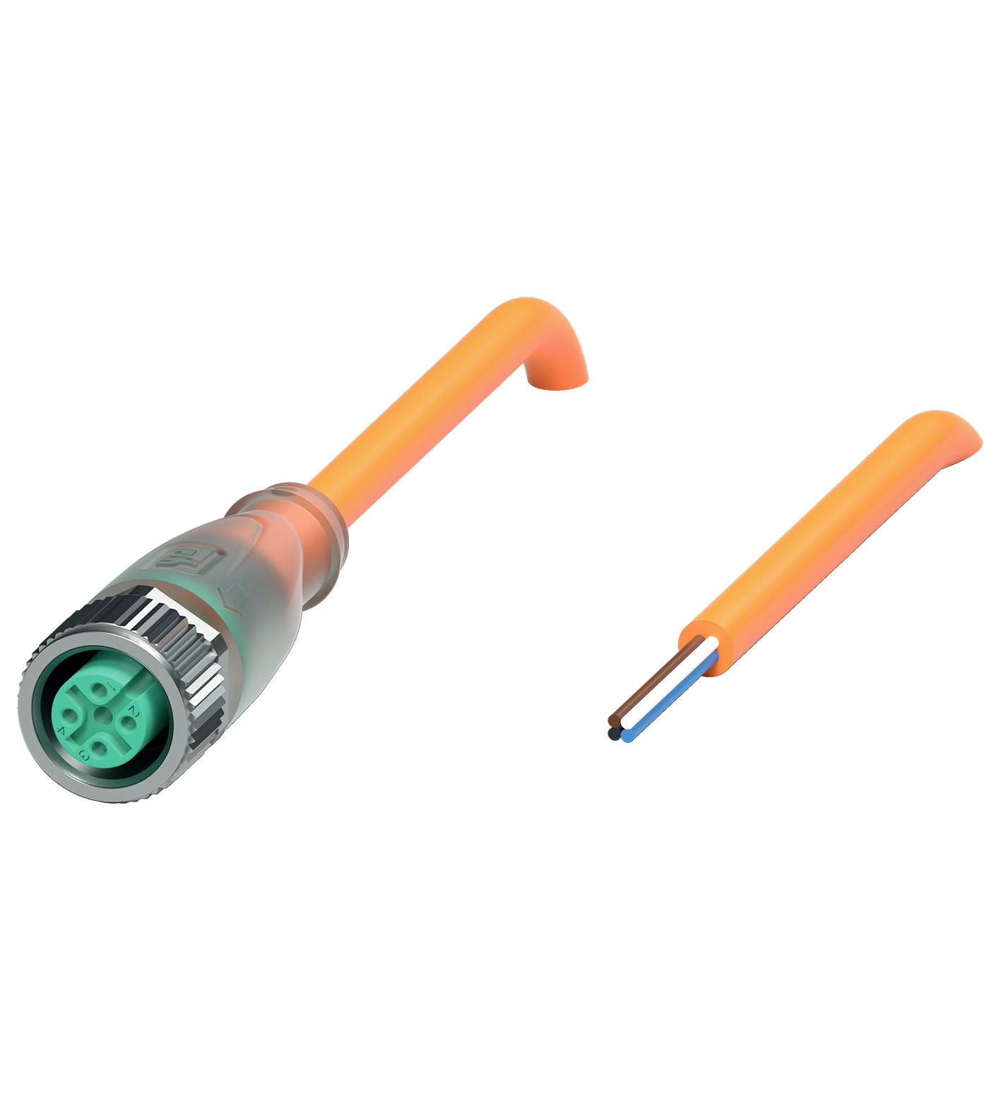 Langer, orangefarbener Steckverbinder mit grünem Stecker und zusätzlichem abgetrennten, isolierten Kabelende; für elektrische Verbindungen.