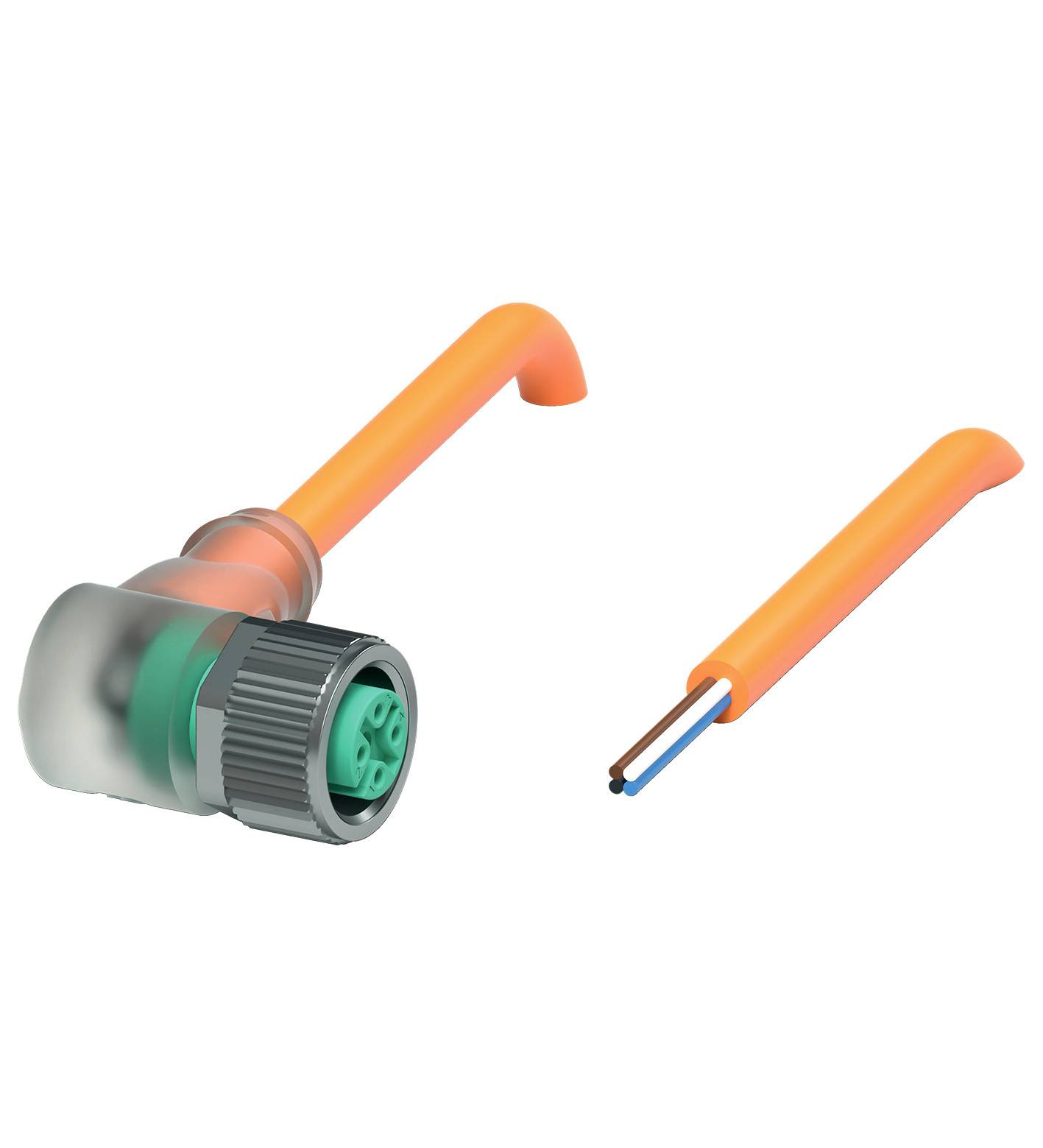 Winkelstecker und abisoliertes Kabel in orange und grün. Der Stecker hat einen grauen, drehbaren Verschluss und grüne Innenkomponenten.