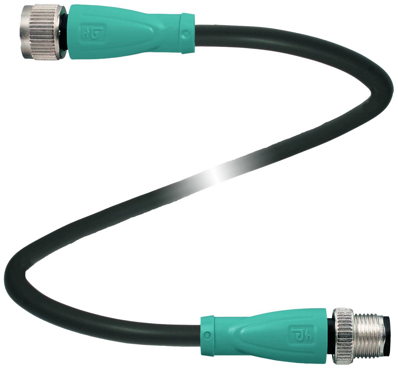 Ein schwarzes Kabel mit grünen Steckern an beiden Enden, einem weiblichen und einem männlichen Anschluss.