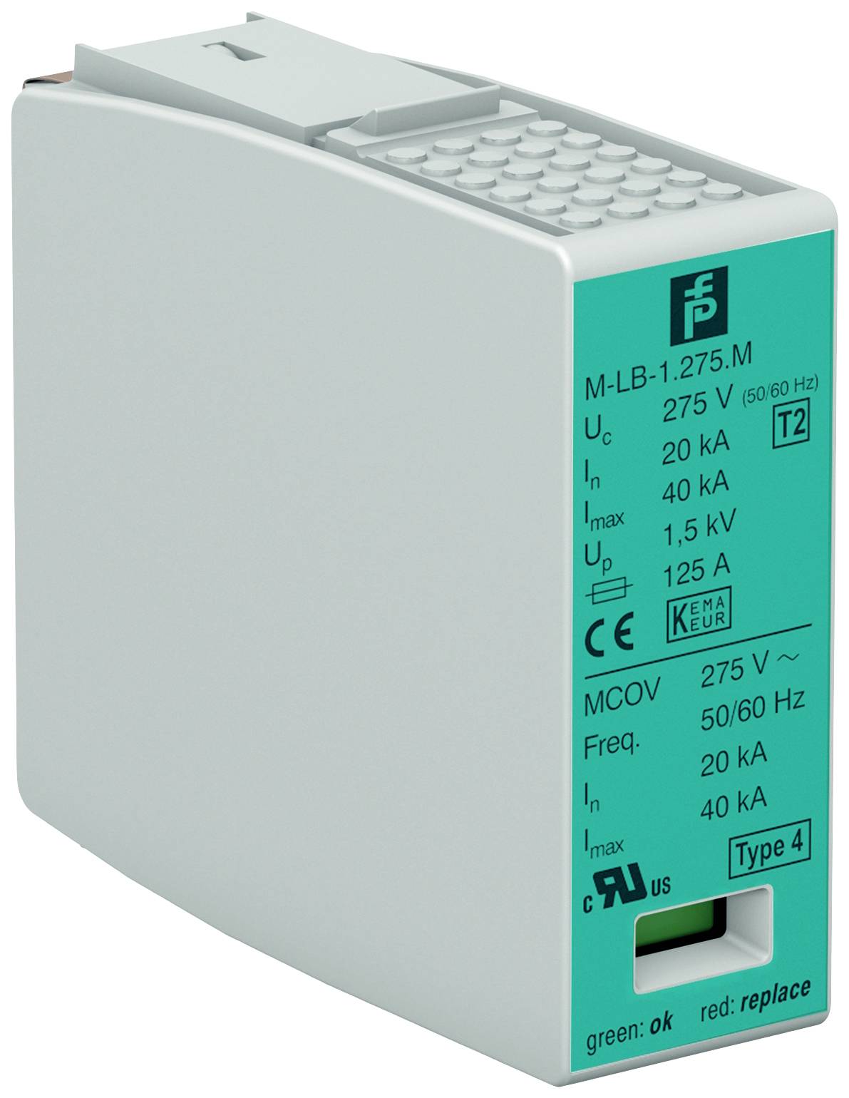 Überspannungsschutzgerät mit technischen Spezifikationen auf der Vorderseite: 275 V Eingangsspannung, 40 kA Ableitstrom.