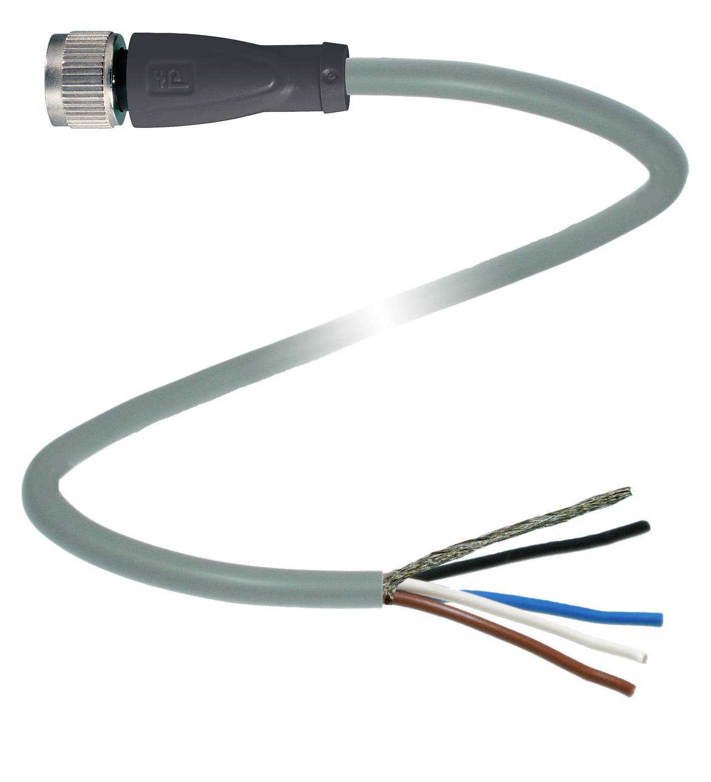 Graues Kabel mit Metallstecker am Ende, offenliegende farbige Adern: schwarz, braun, blau, weiß. Geeignet für elektrische Verbindungen.