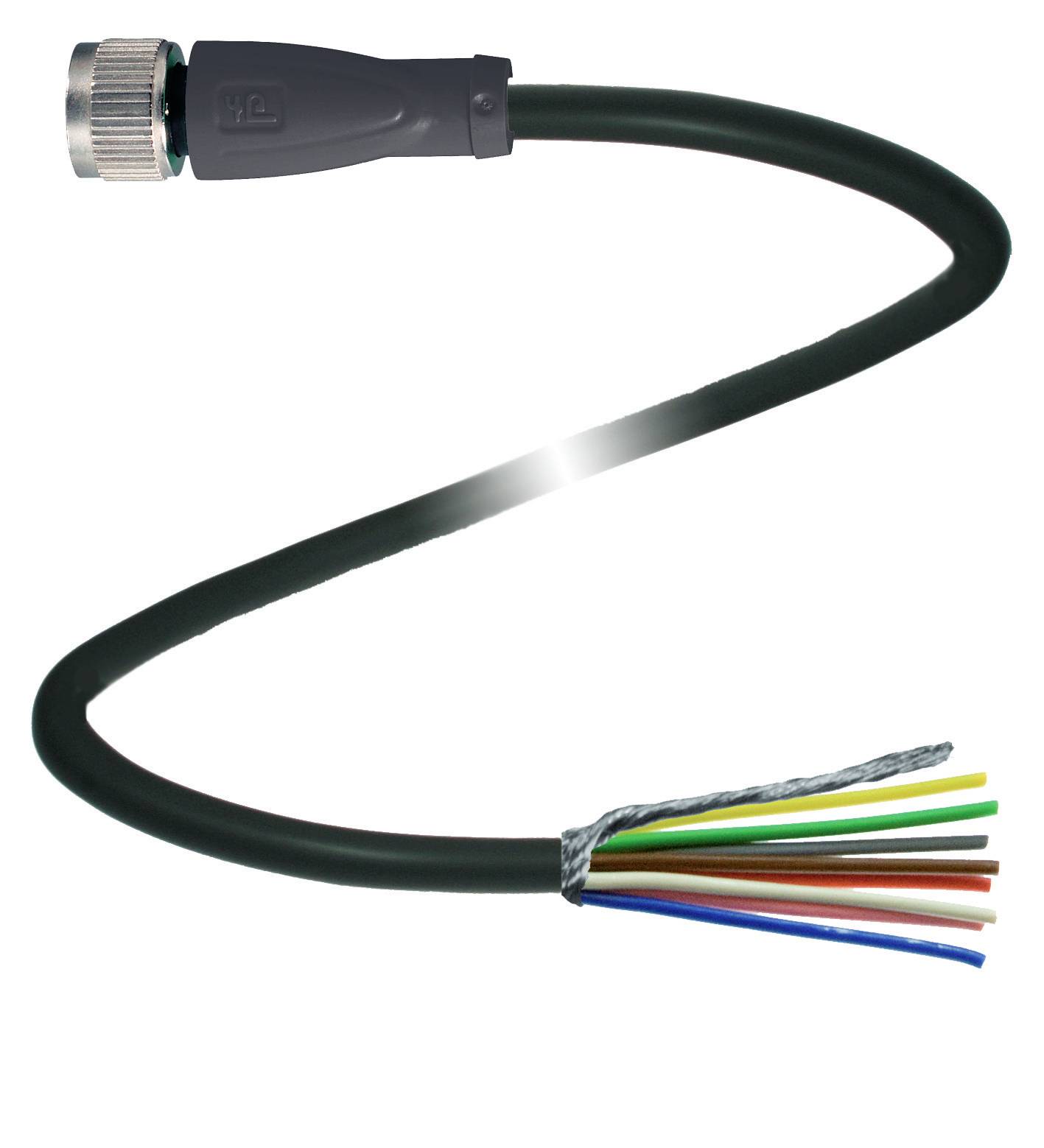 Ein offenes Kabel mit mehreren farbigen Drähten an einem Ende und einem silbernen Anschluss am anderen Ende, vor weißem Hintergrund.