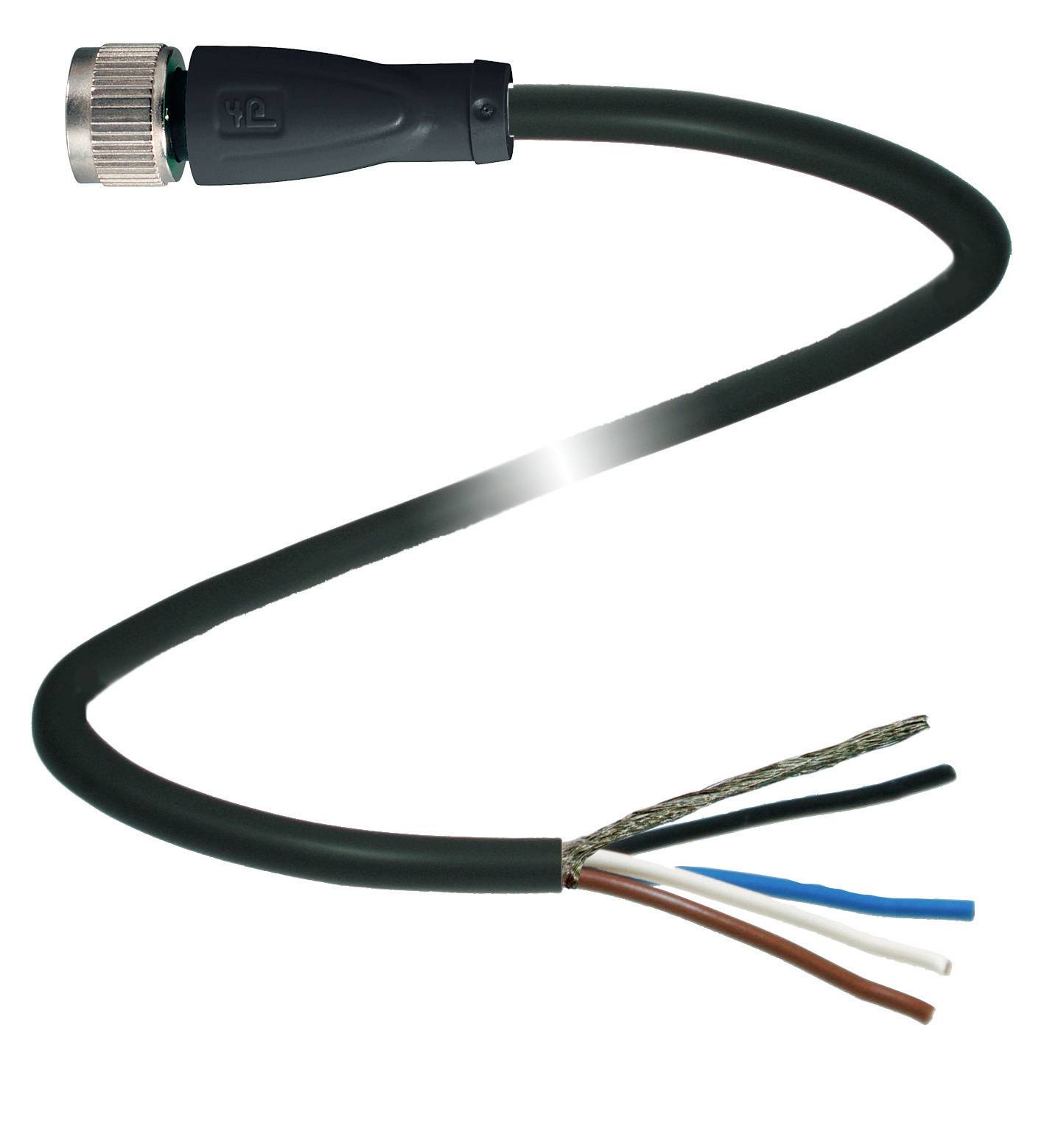 Ein schwarzes Kabel mit einem Metallstecker an einem Ende und freiliegenden, farblich unterschiedlichen Drähten am anderen Ende.