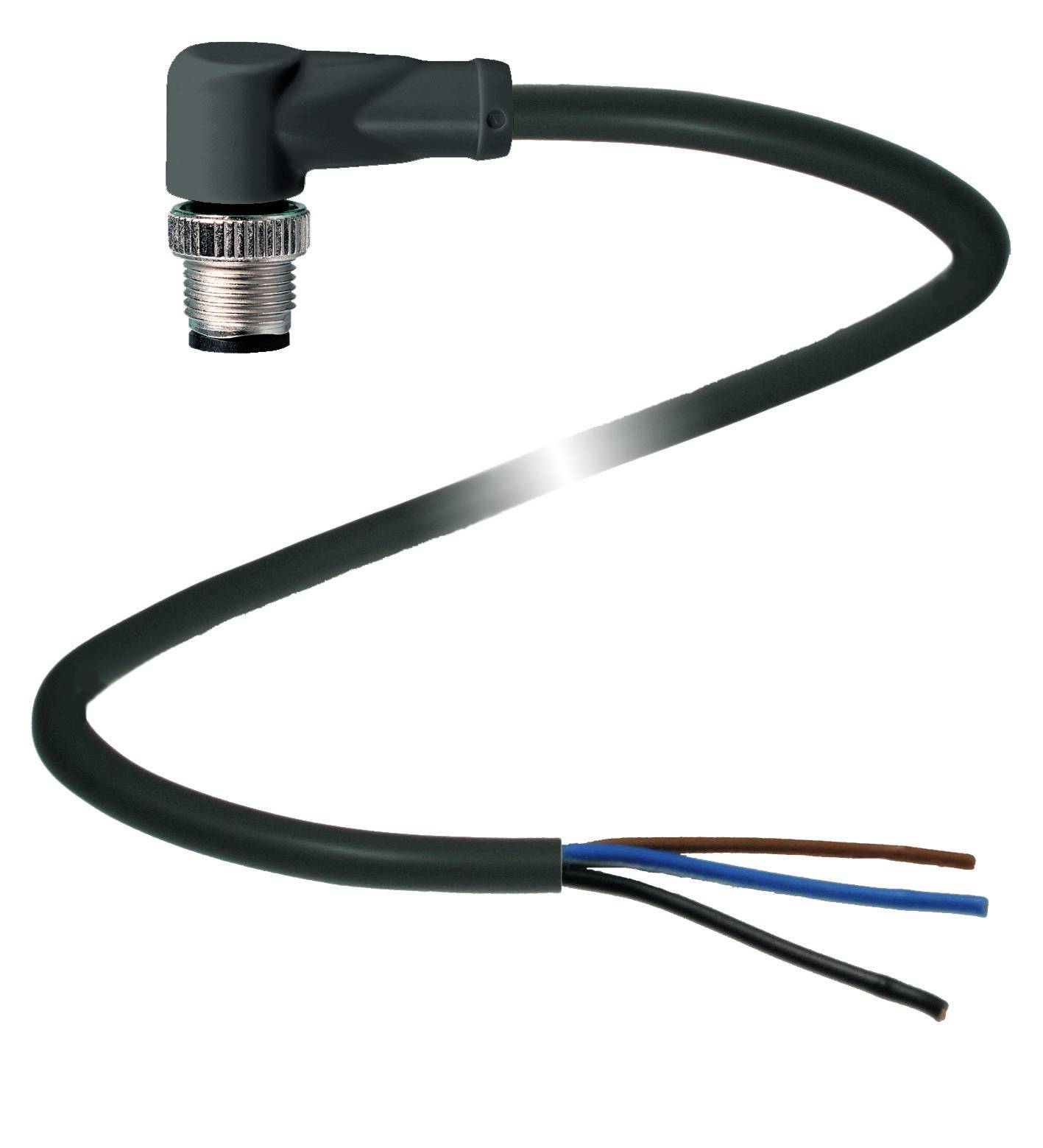 Schwarzer elektrischer Anschlusskabel mit einer Metallsteckverbindung auf der einen Seite und freiliegenden Kabeladern auf der anderen Seite.