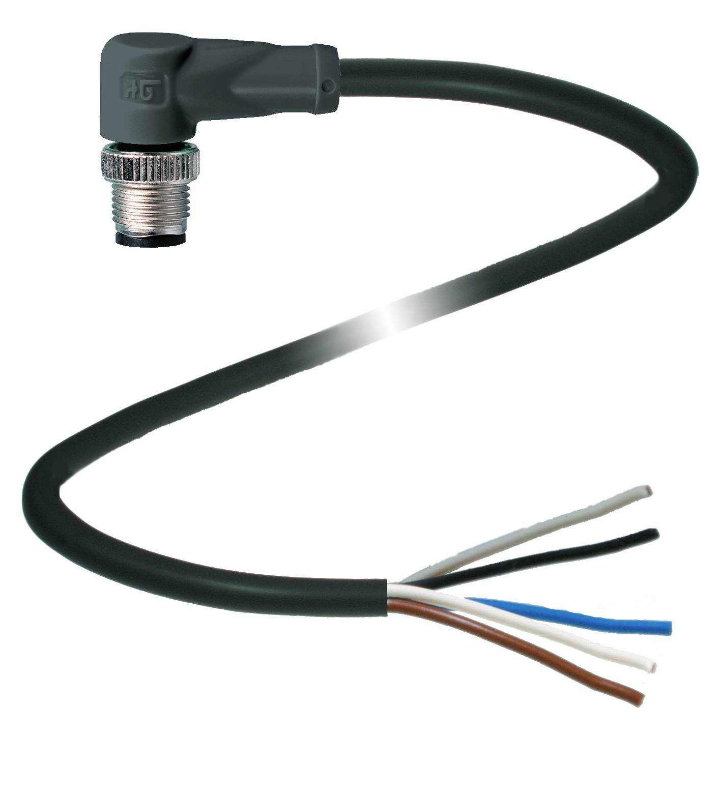 Angewinkelter schwarzer Kabelstecker mit Metallgewinde und freiliegenden Drahtenden in den Farben braun, blau, schwarz und weiß.