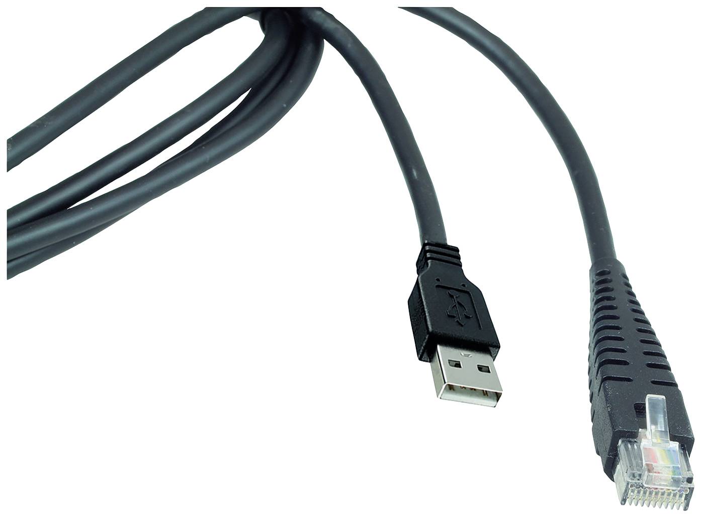 Ein schwarzes Kabel zeigt einen USB-Stecker auf der einen Seite und einen Ethernet-Stecker auf der anderen.