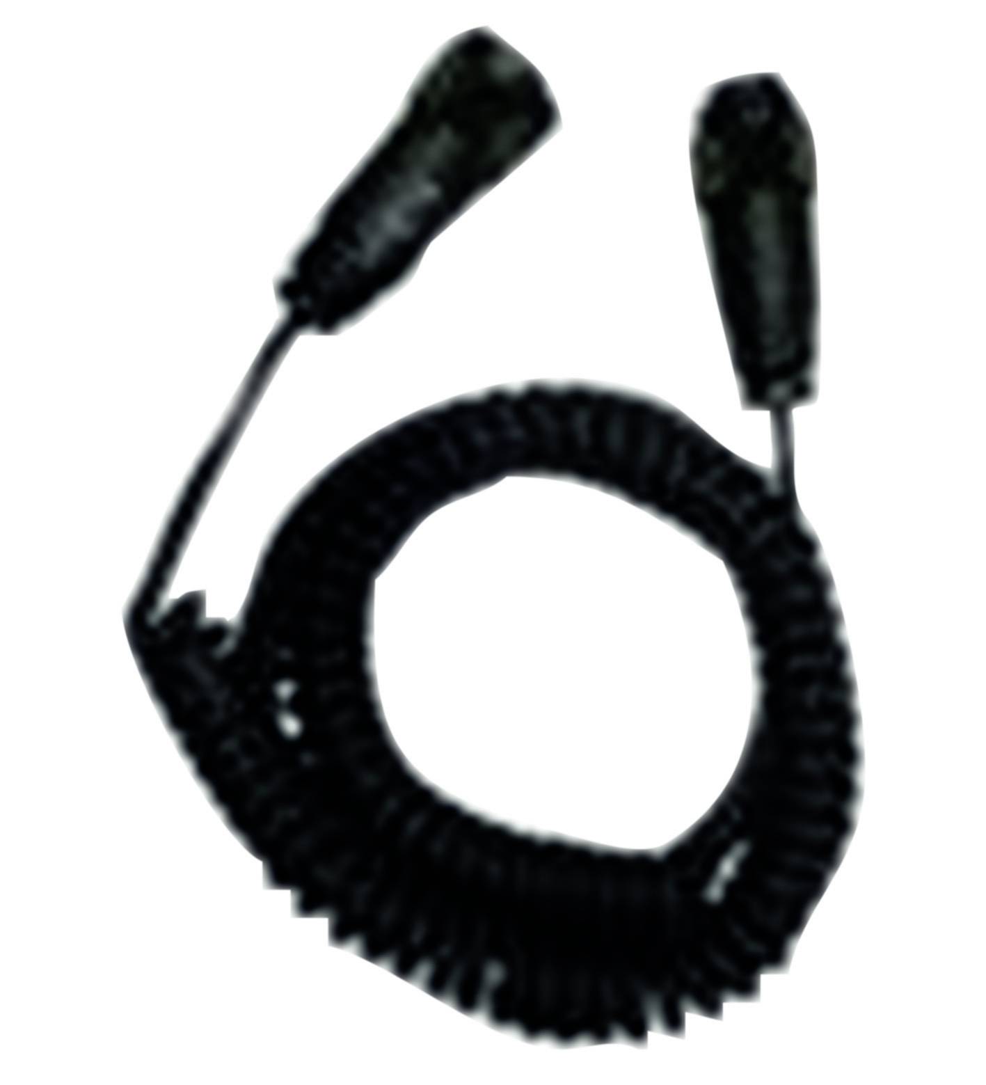 Schwarzes, spiralförmiges Kabel mit zwei Steckern an den Enden, oft verwendet für Audiosysteme oder Mikrofone.
