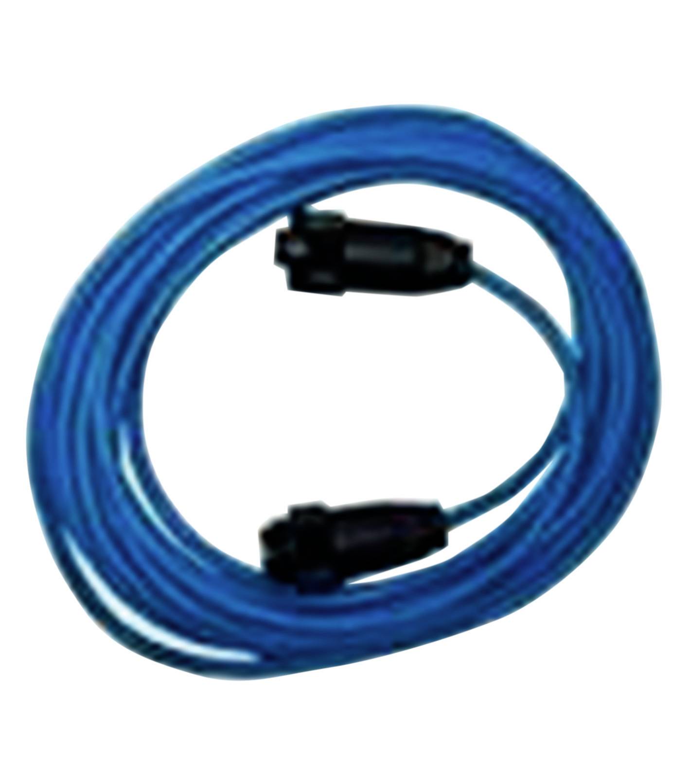 Ein blaues, gewickeltes Kabel mit schwarzen Steckverbindern an beiden Enden, möglicherweise ein Verlängerungskabel oder Audiokabel.