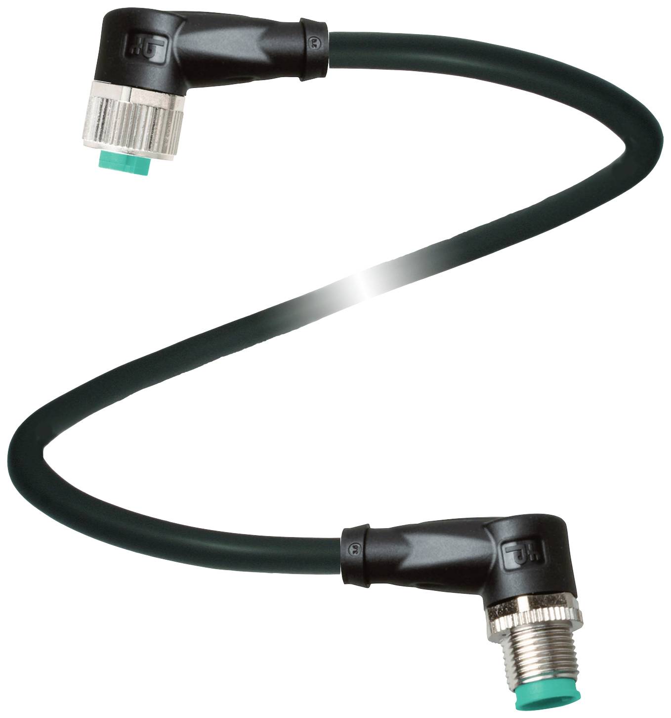 Schwarzes, gebogenes Kabel mit Metallsteckern an beiden Enden.