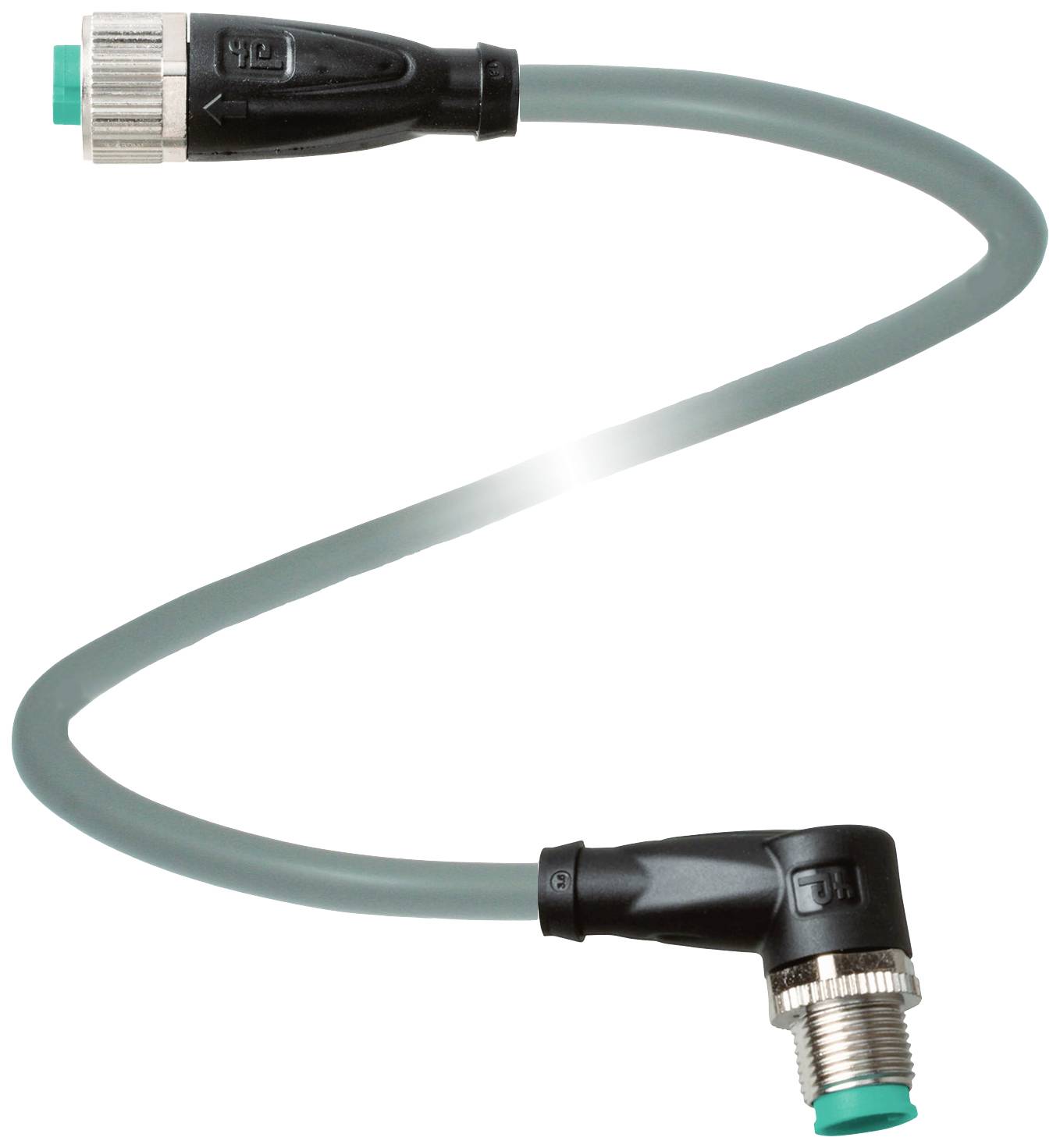 Ein gewelltes graues Kabel mit schwarzen und metallischen Steckverbindern an beiden Enden.