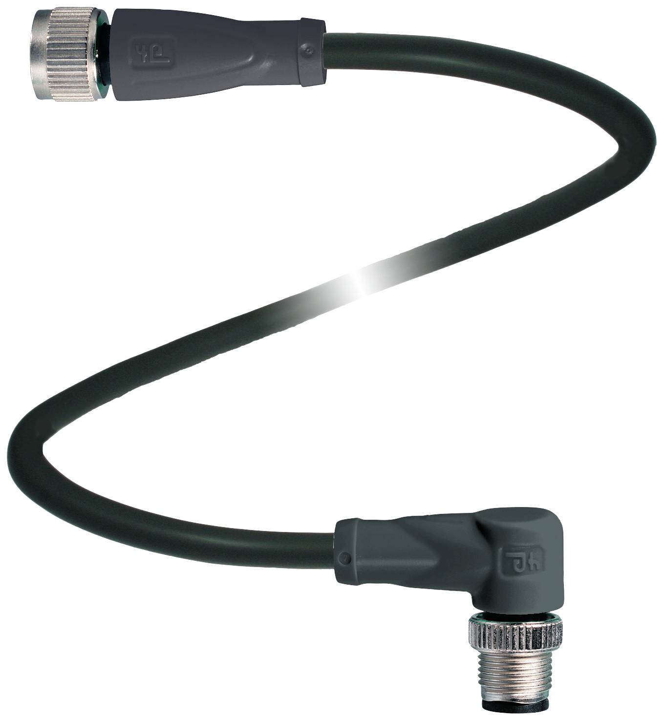 Ein schwarzes, flexibles Kabel mit zwei Metallsteckern an den Enden, gebogen in einer S-Form. Geeignet für Verbindungen in elektrischen Geräten.