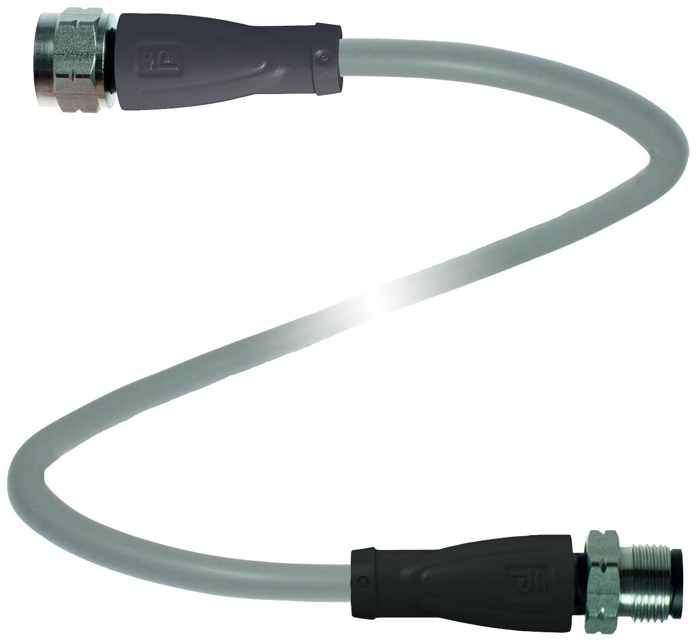 Ein graues Kabel mit zwei schwarzen Steckern an den Enden, leicht gebogen in Form eines 'S'.