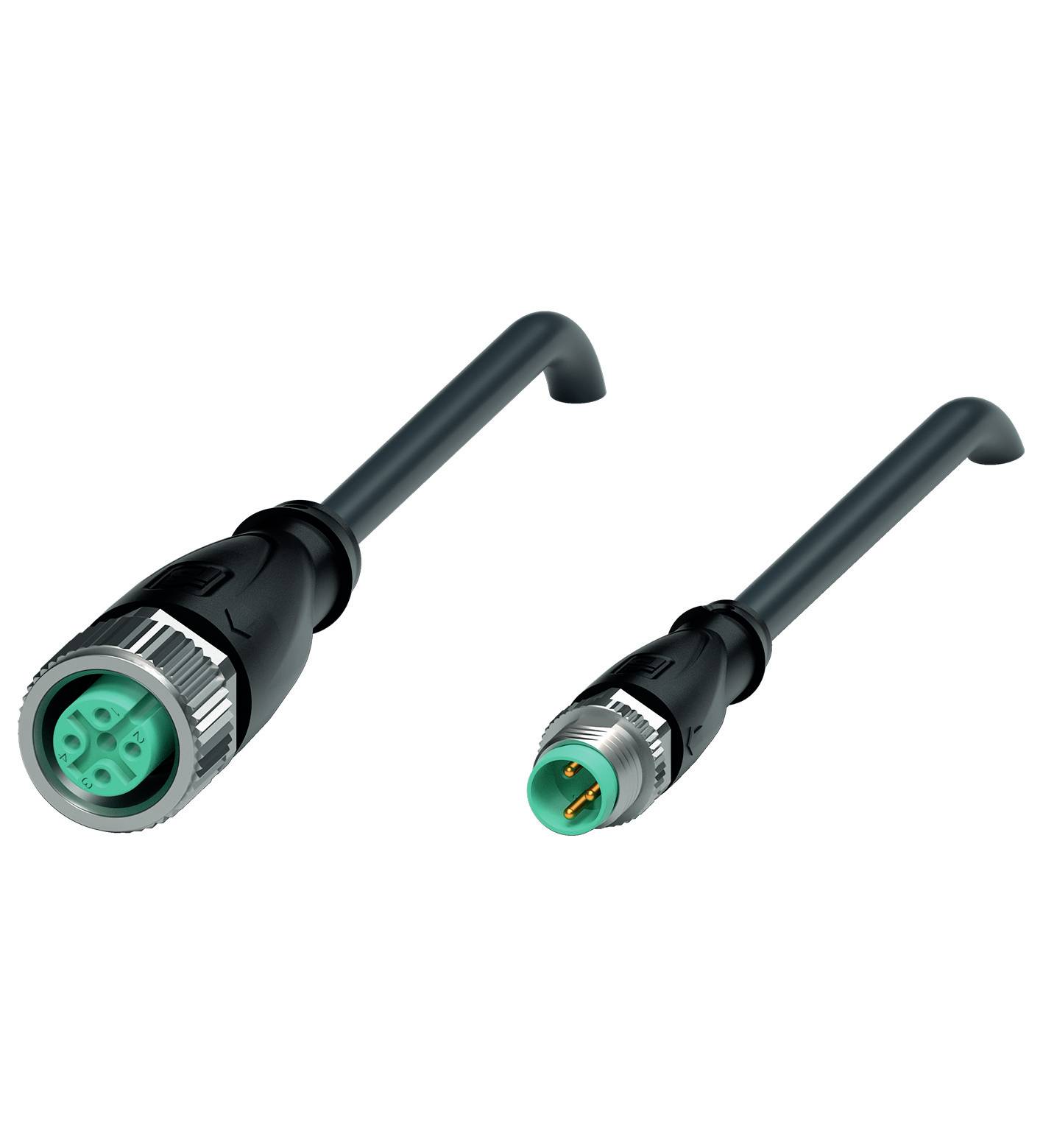 Zwei schwarze Steckverbinder: einer links mit vier Pins und einer rechts mit zwei Pins, beide mit grünem Anschlussende.