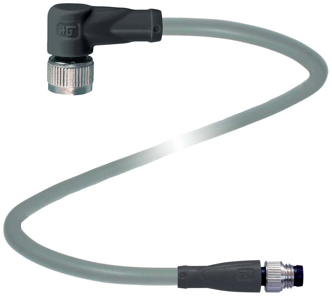 Grauer, gebogener Steckverbinder mit Kabel und zwei unterschiedlichen Anschlüssen an den Enden.