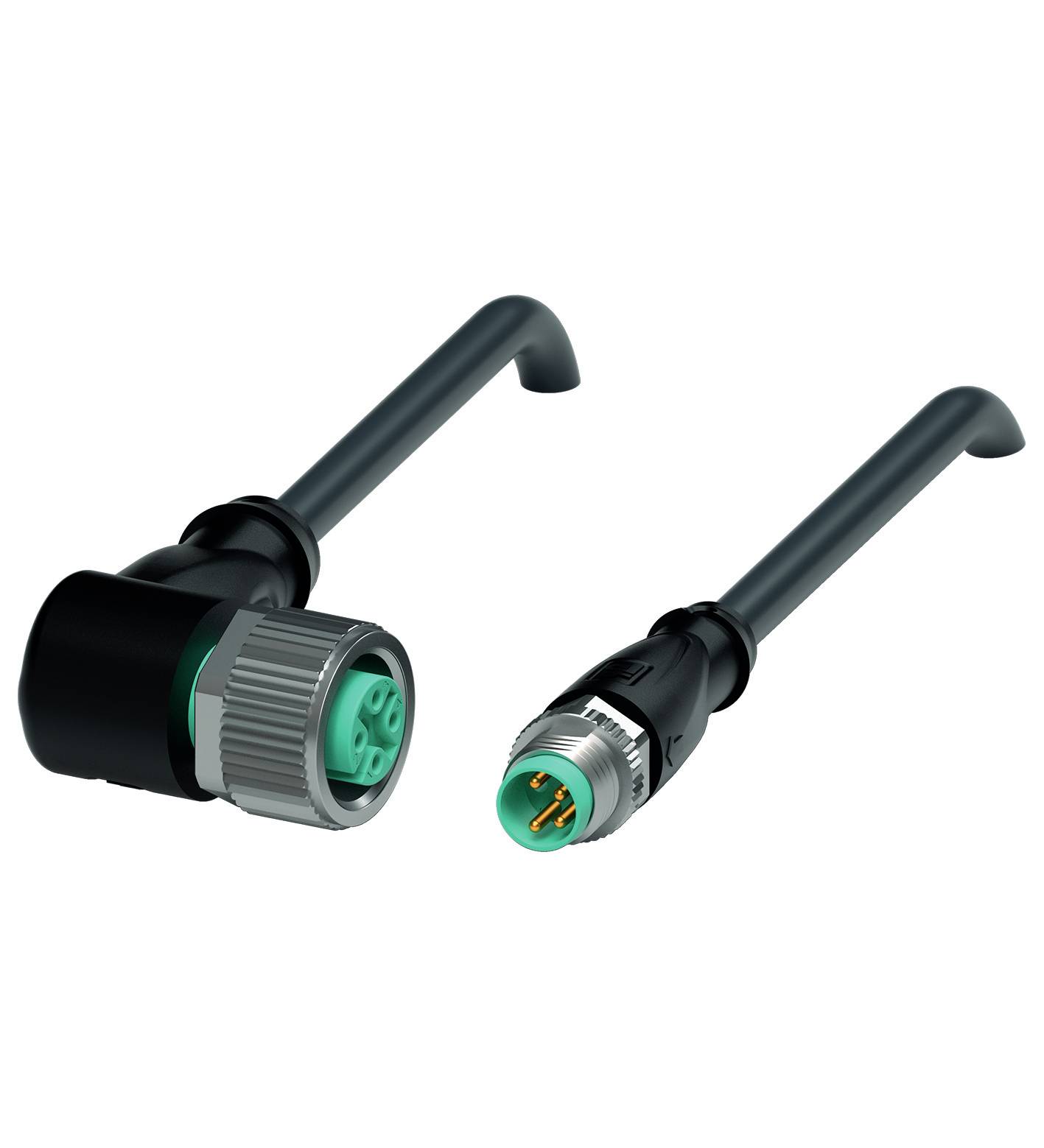Zwei Steckverbinder: links eine Kupplung mit grünem Einsatz, rechts ein Stecker mit goldenen Kontakten. Beide mit schwarzem Kabel verbunden.