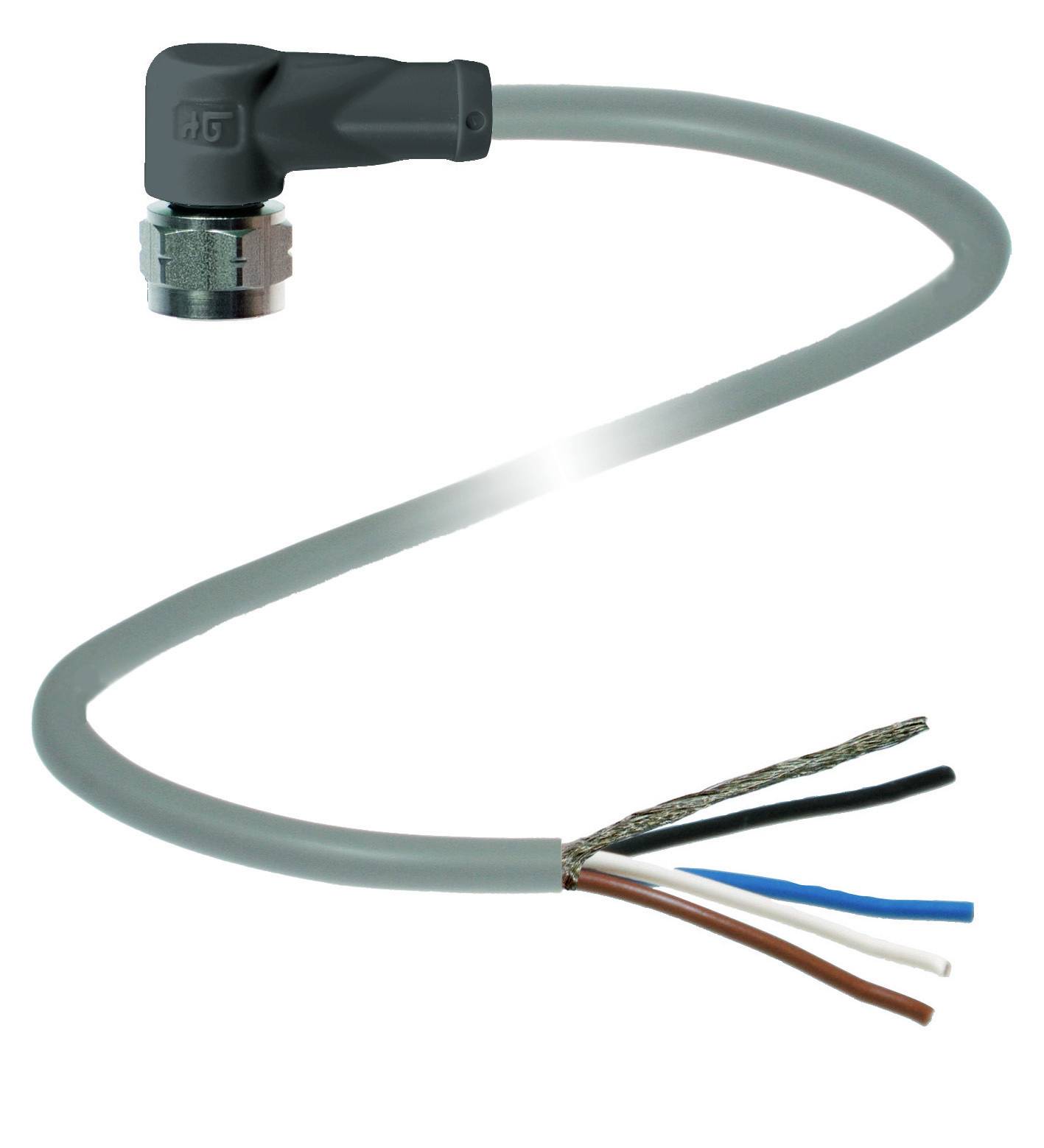 Graues, gewundenes Kabel mit einem Winkelstecker an einem Ende und vier freiliegenden Drähten in verschiedenen Farben am anderen Ende.