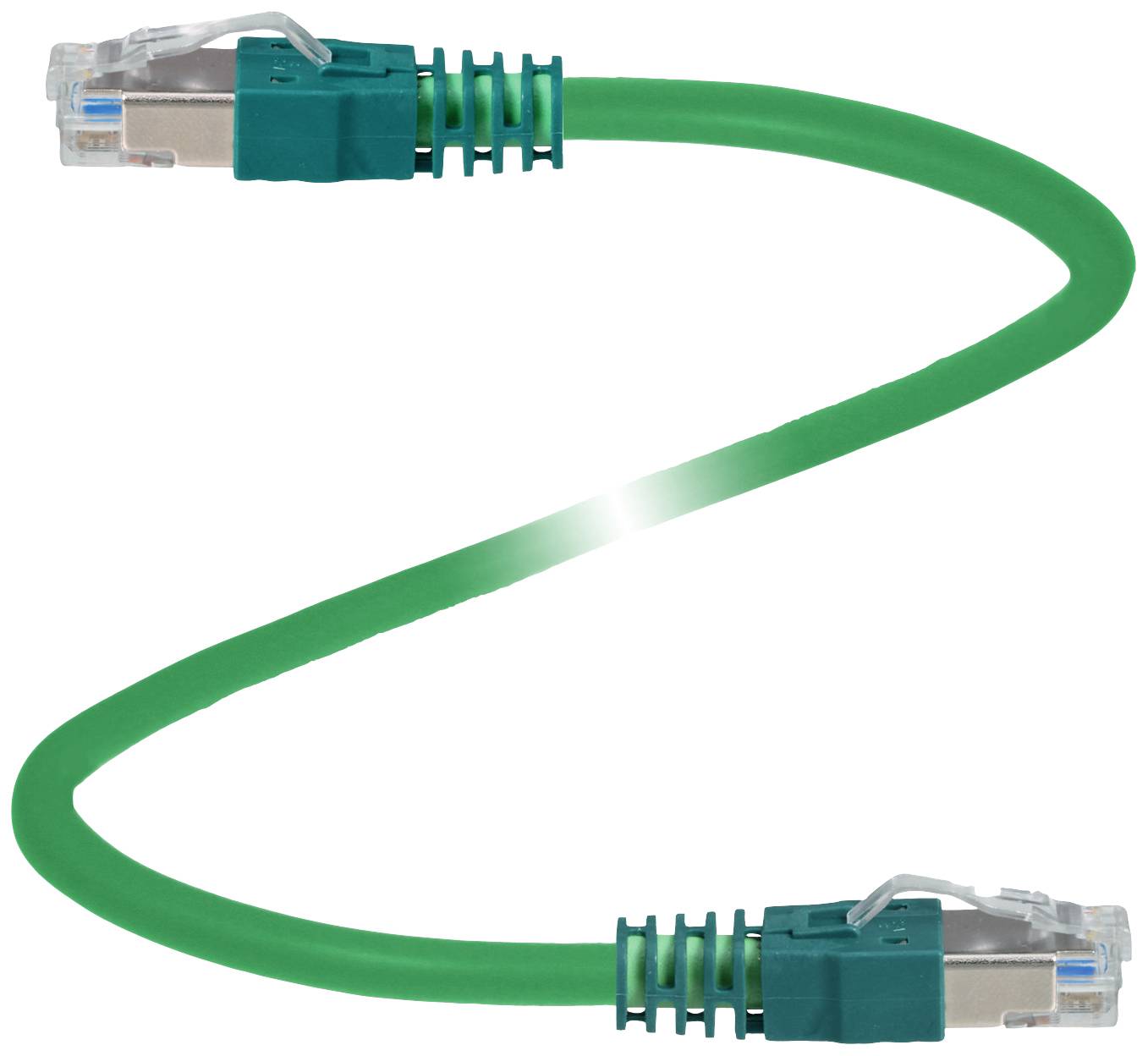 Grünes Netzwerkkabel mit RJ45-Steckern an beiden Enden, abgebogen in einer S-Form, auf weißem Hintergrund.