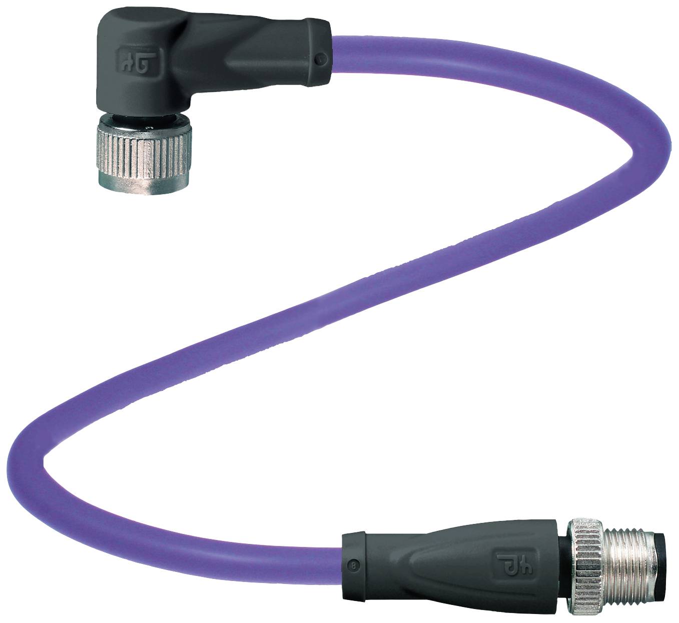 Lila Kabel mit Winkelstecker und gerader Kupplung auf grauem Hintergrund, geeignet für elektrische Verbindungen.
