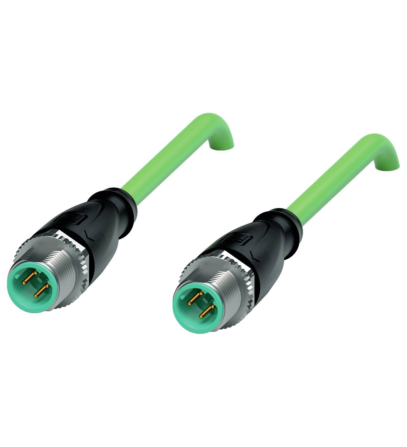 Zwei grüne, steckerförmige Kabel mit schwarzen und silbernen Anschlüssen, die sich in entgegengesetzte Richtungen biegen.