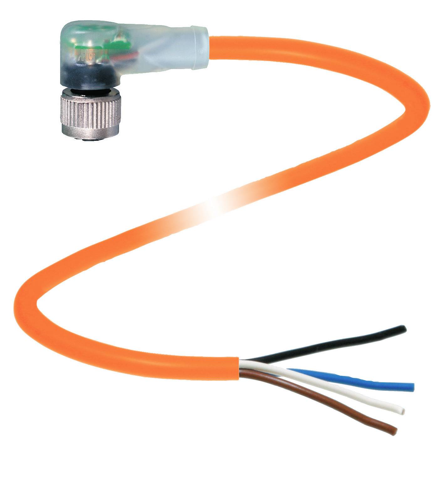 Ein orangefarbenes, gebogenes Kabel mit mehreren Drähten am Ende und einem runden Stecker oben, der sich zur Seite erstreckt.