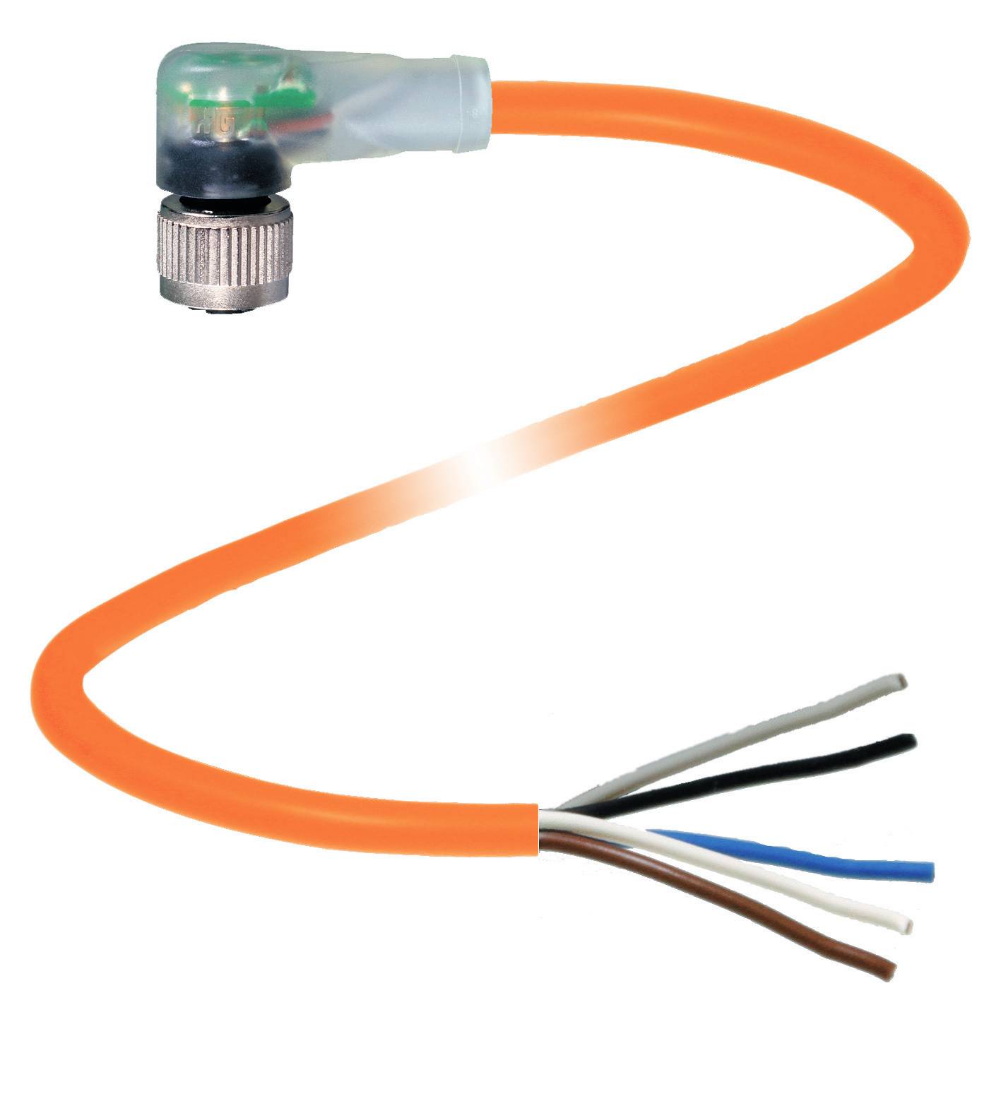 Oranges Kabel mit metallischem Stecker, mehreren freiliegenden Drähten in verschiedenen Farben. Geeignet für elektrische Verbindungen.