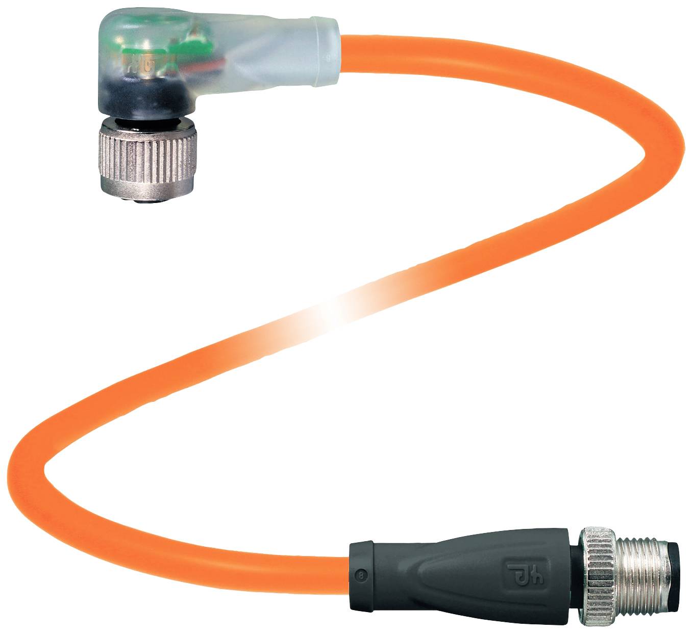 Ein orange-gelbes Kabel mit einem gewinkelten Steckverbinder an einem Ende und einem geraden Steckverbinder am anderen Ende, beide aus Metall.
