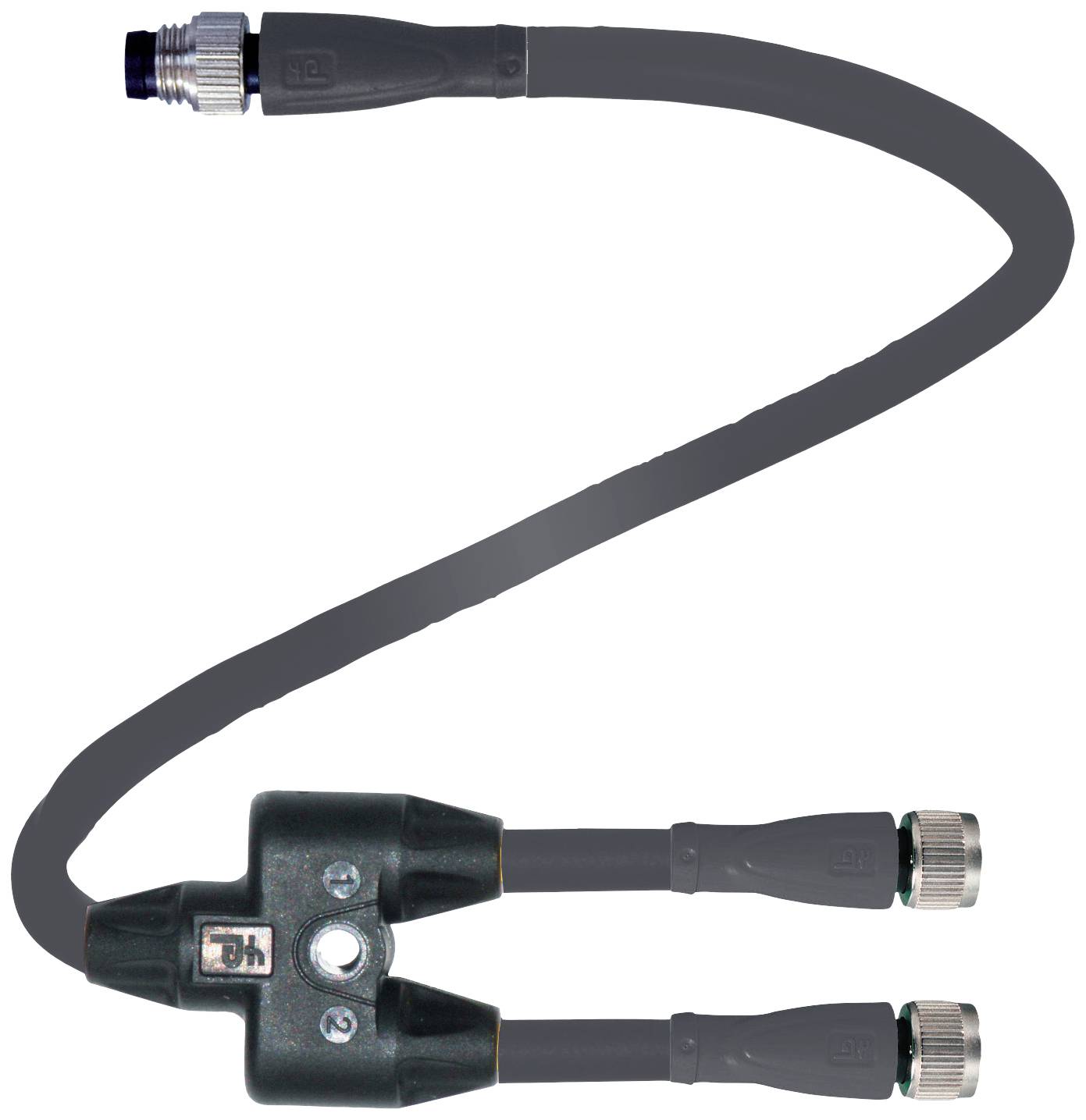 Y-Verteilerkabel für Sensoren, mit rundem Hubstecker oben und zwei Buchsenenden unten. Verbindet mehrere Geräte in einem Schaltkreis.