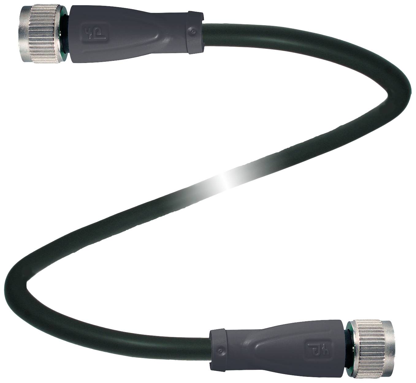 Schwarzes Kabel mit silbernen Steckverbindern an beiden Enden.