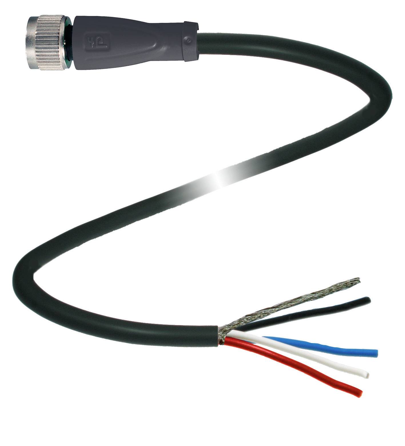 Ein schwarzes Kabel mit einem Metallstecker links. Am rechten Ende sind rote, weiße und blaue Drahtenden sichtbar.