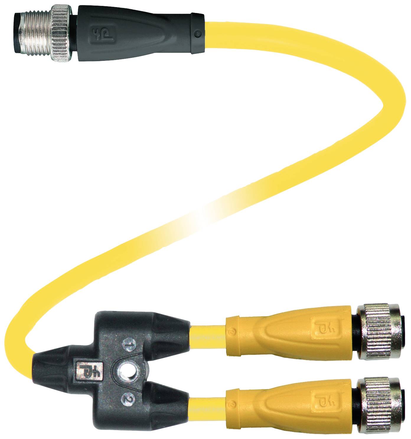 'Y'-förmiges gelbes Kabel mit einer schwarzen Kupplung oben und zwei gelben Anschlüssen unten, die jeweils mit einem silbernen Metallstecker enden.