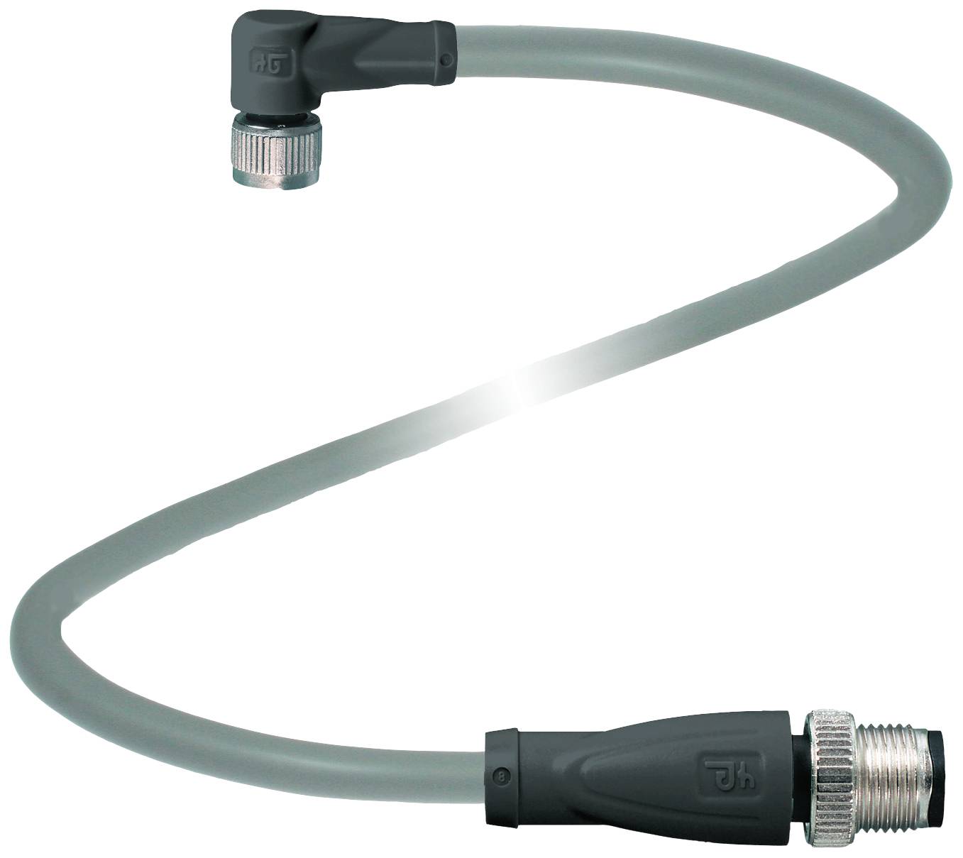 Ein graues Kabel mit zwei verschiedenen Anschlüssen, einer ist gerade und der andere im rechten Winkel gebogen.