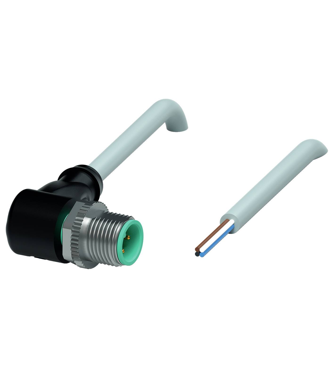 Ein L-förmiger Steckverbinder neben einem offenen Kabel mit zwei farbigen Adern. Geeignet für industrielle Anwendungen.