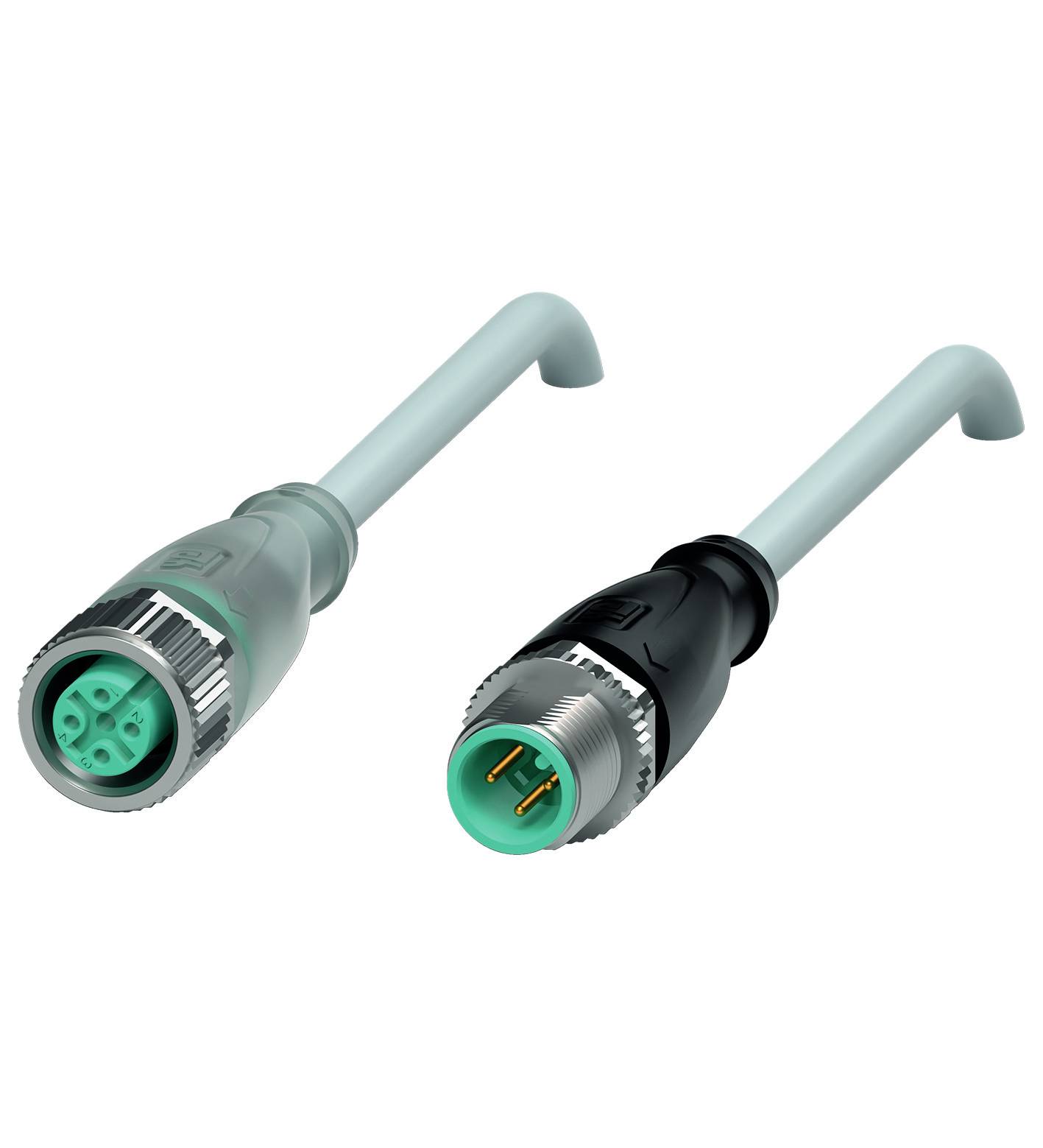 Zwei runde Steckverbinder, einer mit vier Buchsen in Grün, der andere mit drei Stiften. Beide haben lange, gebogene Kabel.