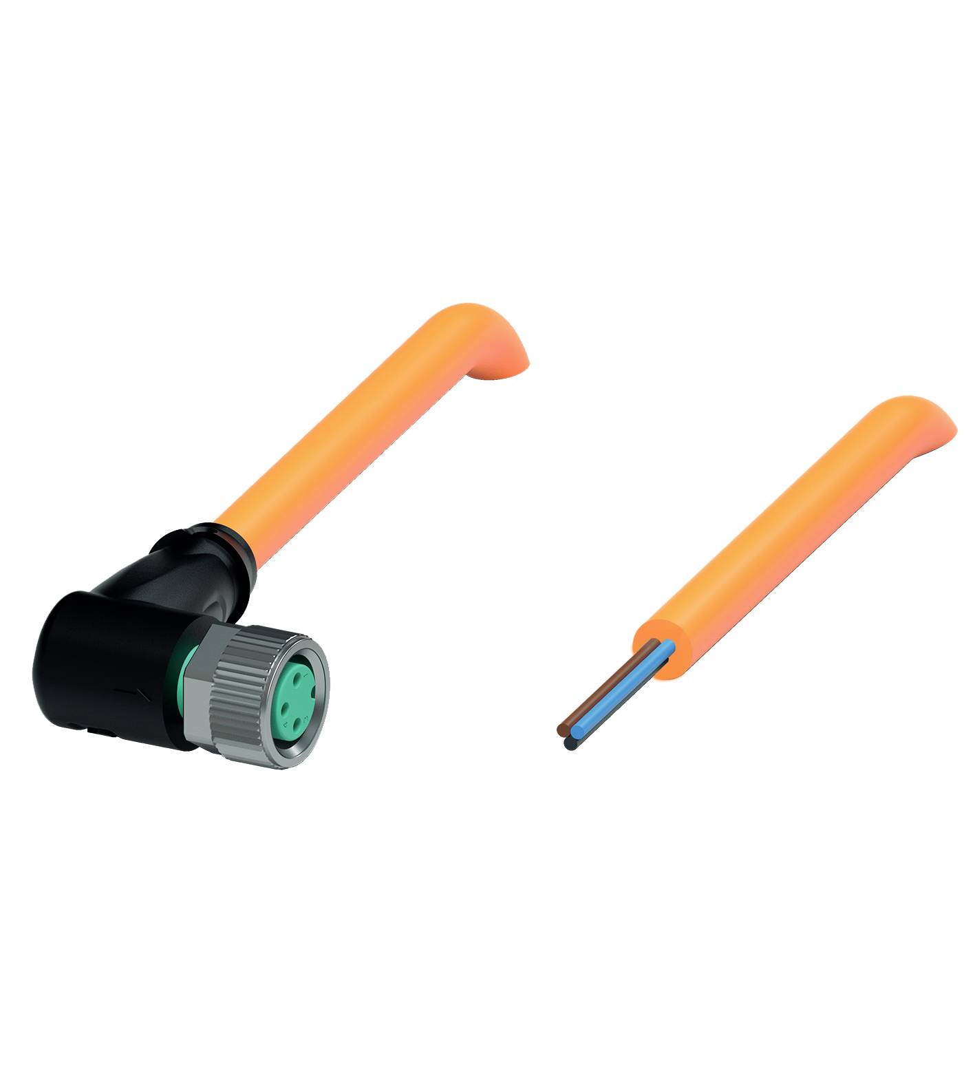 Ein abgewinkelter Stecker und ein einzelnes, abisoliertes Kabel in Orange, die für elektronische Verbindungen verwendet werden.