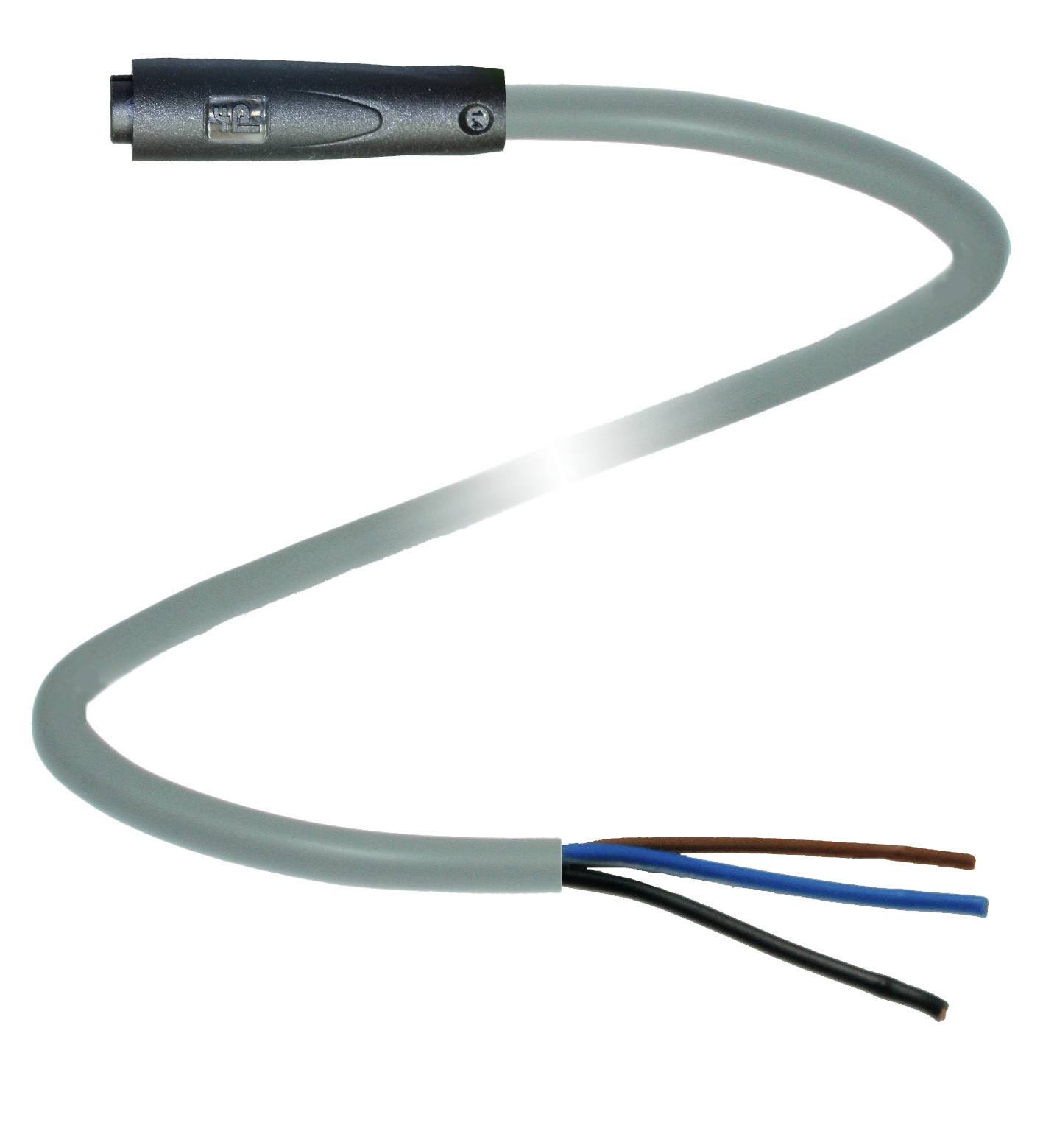Ein graues, gebogenes Kabel mit einem Stecker an einem Ende und drei freiliegenden Adern am anderen Ende: blau, schwarz und braun.