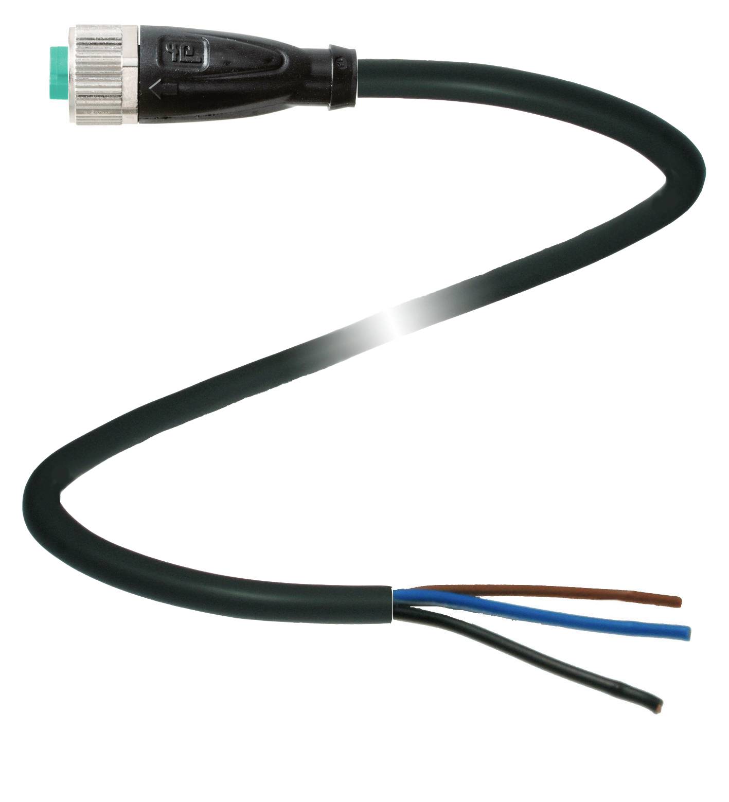 Schwarzes Stromkabel mit abisolierten Enden und grünem Stecker. Geeignet für elektrische Verbindungen und Installationen.