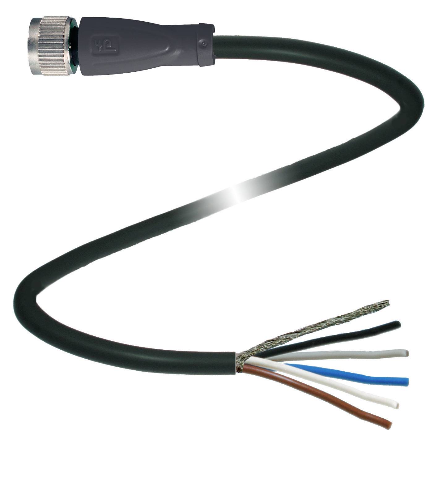 `Ein schwarzes Kabel mit Steckverbinder an einem Ende und fünf freigelegten Drähten am anderen Ende. Die Drähte sind in verschiedenen Farben.`