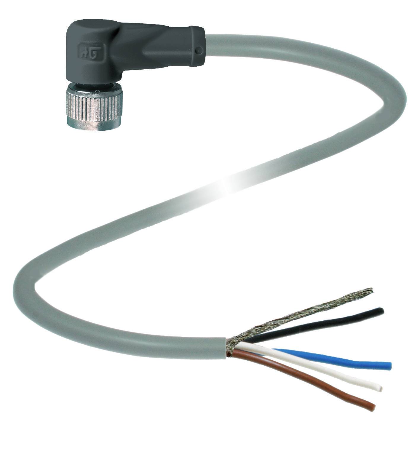 Ein graues Kabel mit L-förmigem Stecker und offenen Enddrähten in verschiedenen Farben; geeignet für elektrische Verbindungen.