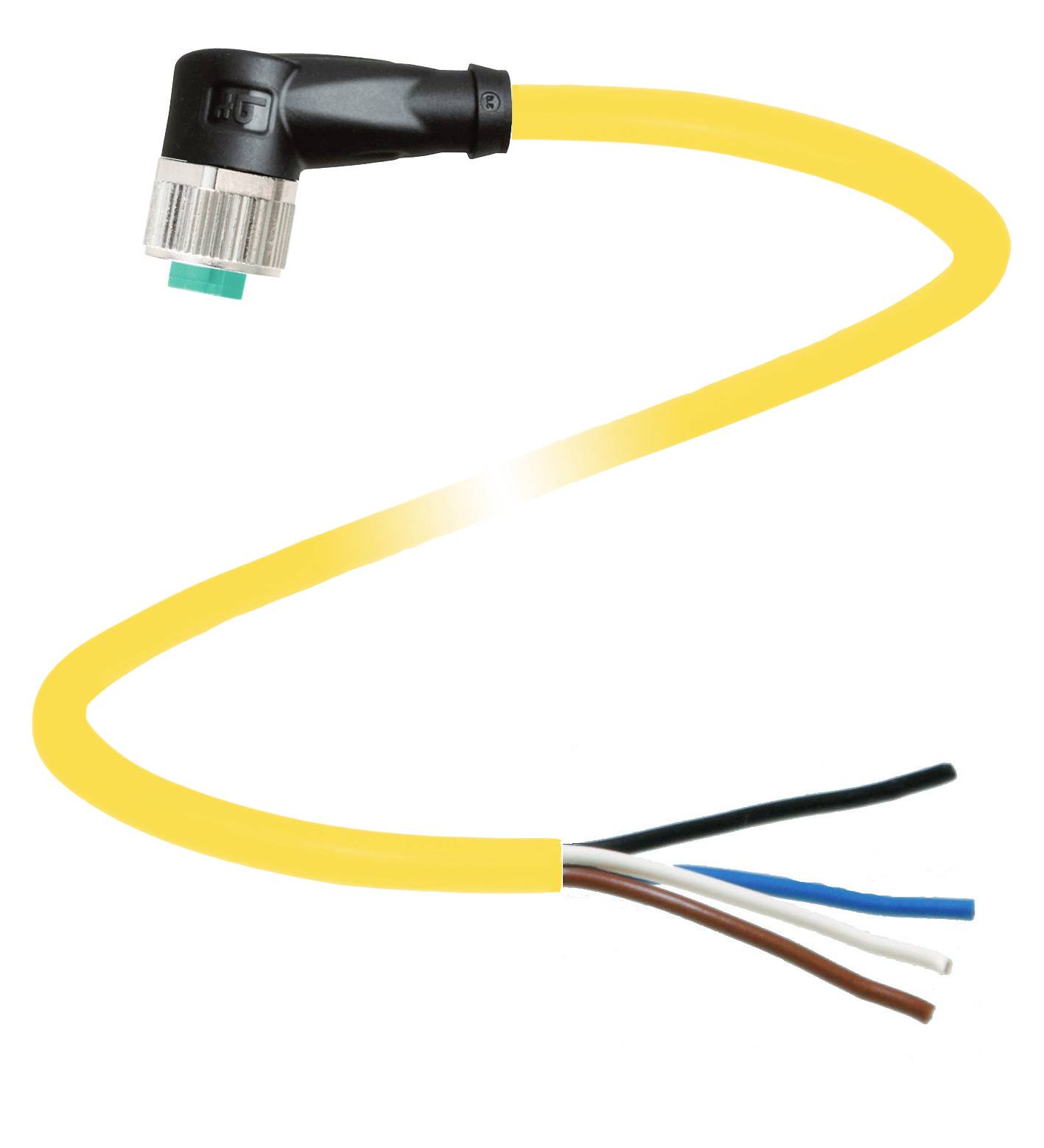 Gelbes Kabel mit abgewinkeltem Stecker an einem Ende und vier freiliegenden Kupferdrähten in Schwarz, Blau, Braun und Weiß am anderen Ende.