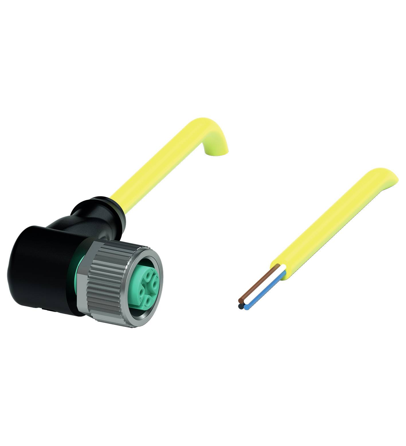 Ein gelbes Kabel mit schwarzem Stecker und grünem Anschluss neben einem Kabelende mit freiliegenden Drähten auf weißem Hintergrund.