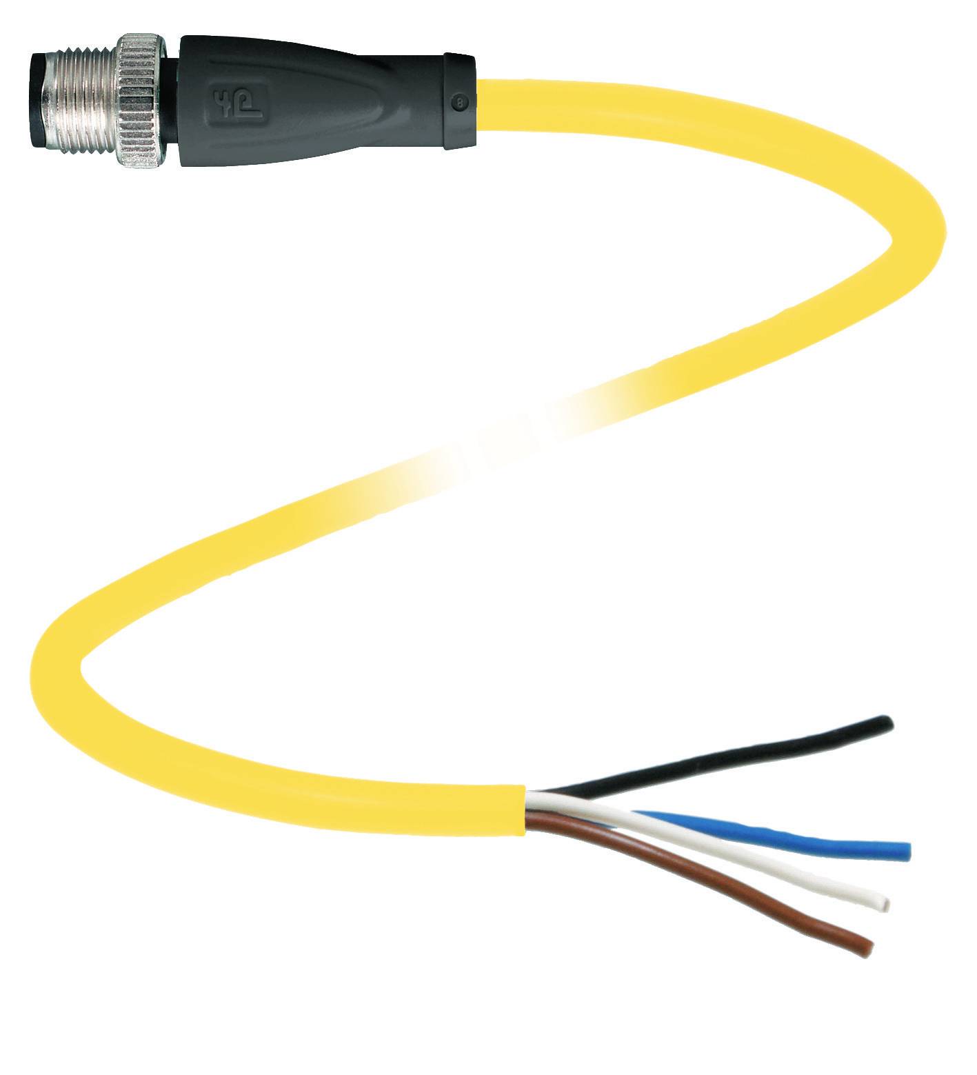 Gelbes elektrisches Kabel mit schwarzem Stecker und vier herausragenden Drähten in verschiedenen Farben: schwarz, weiß, blau, braun.