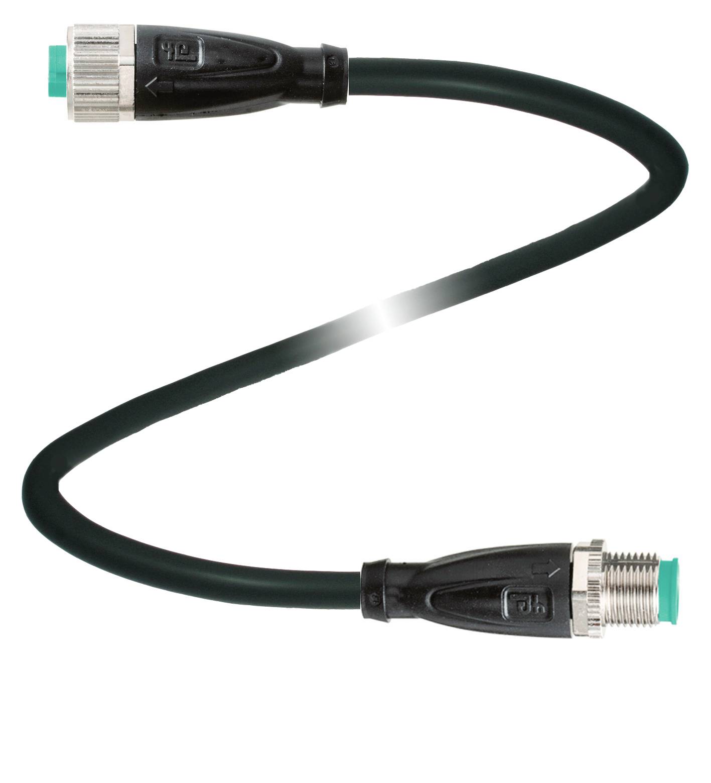 Ein schwarzes, gewundenes Kabel mit grünen Steckverbindern an beiden Enden, geeignet für industrielle Anwendungen oder Netzwerke.