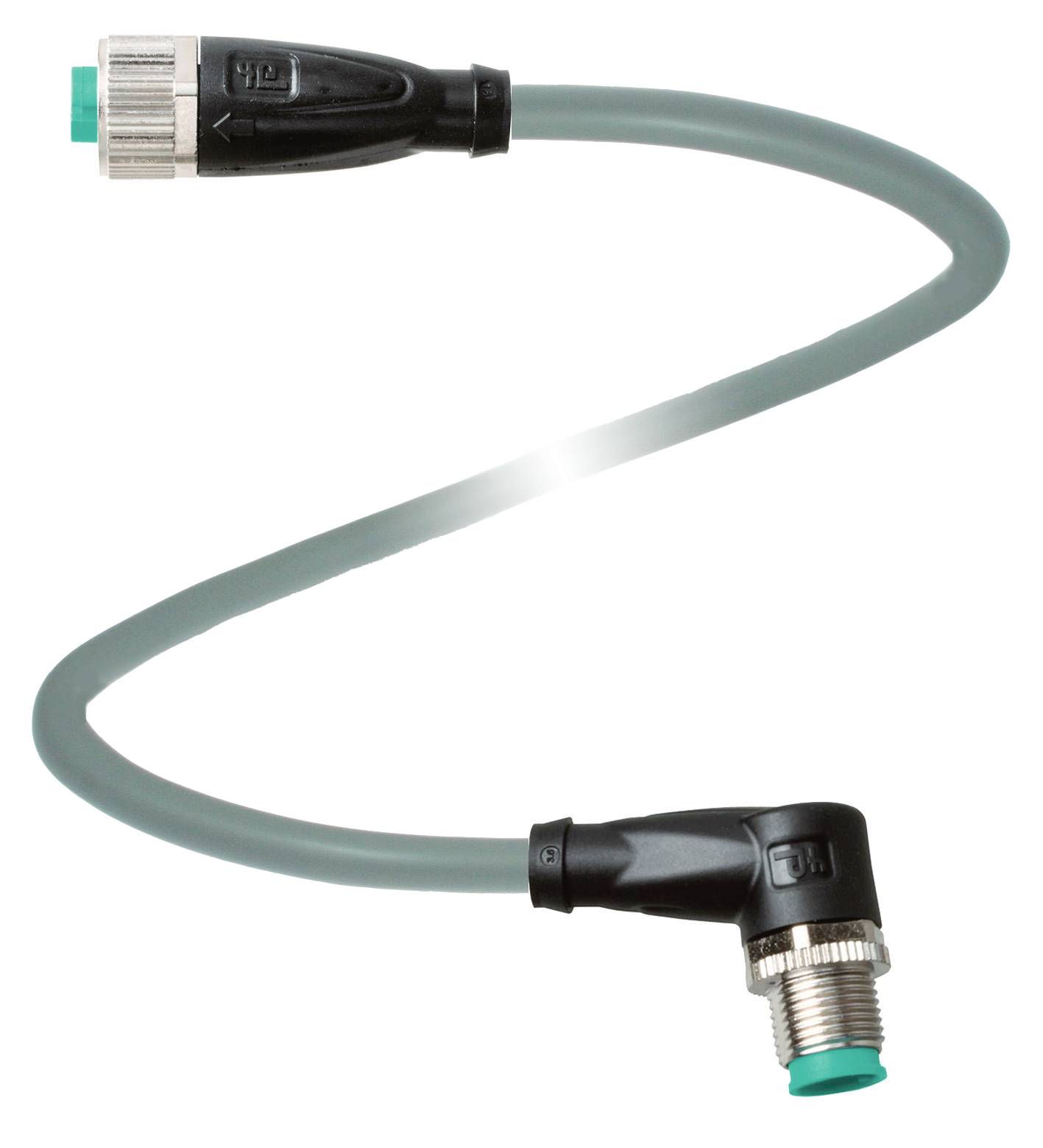 Graues Verbindungskabel mit abgewinkeltem Stecker am rechten Ende, geeignet für industrielle Anwendungen.