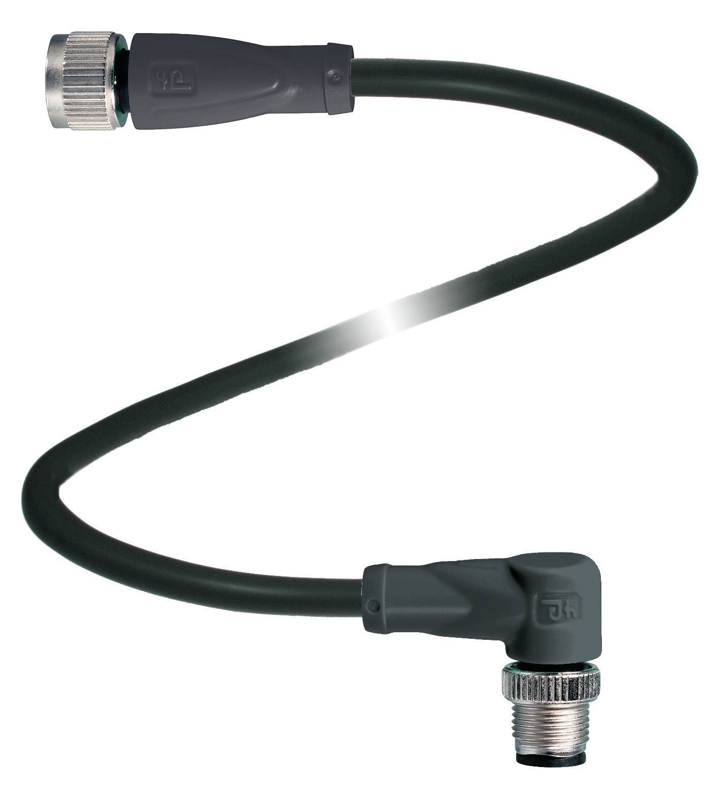Schwarzes M12-Kabel mit gewinkeltem und geradem Stecker, abgeschirmt, ideal für industrielle Anwendungen.