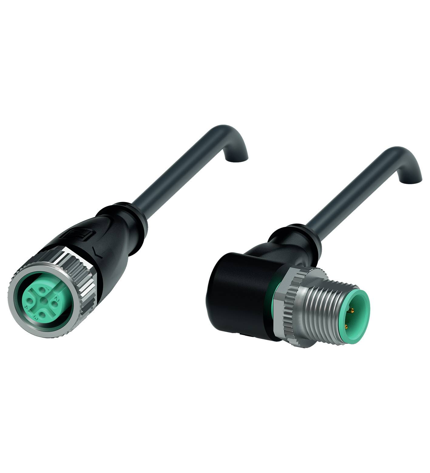 Schwarze industrielle Steckverbinder mit metallischen Schraubverschlüssen. Links: weiblich, grün innen. Rechts: männlich, gebogen.