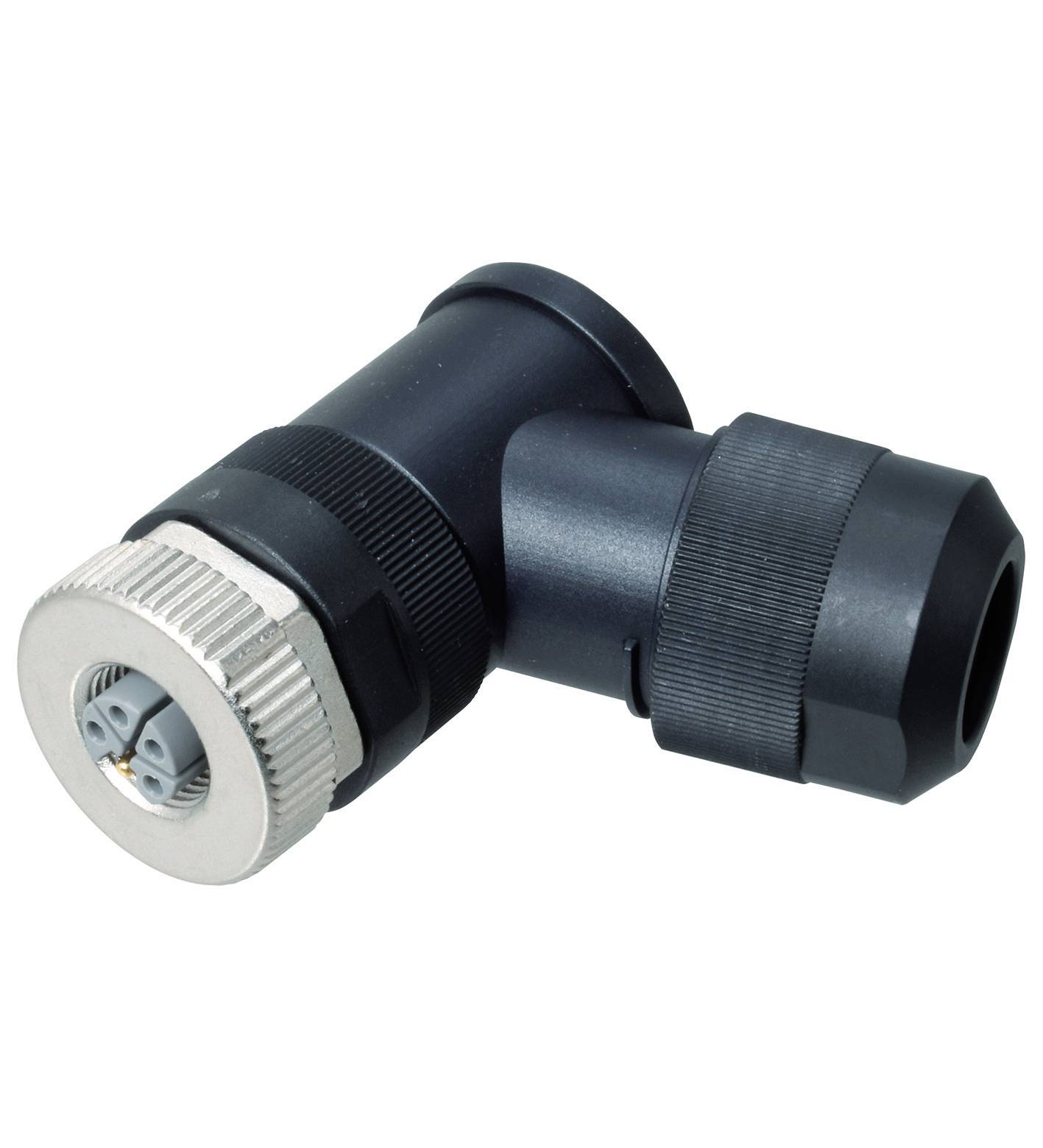 Ein schwarzer, rechtwinkliger Steckverbinder mit silbernem Metallgewinde, geeignet für industrielle Kabelverbindungen.